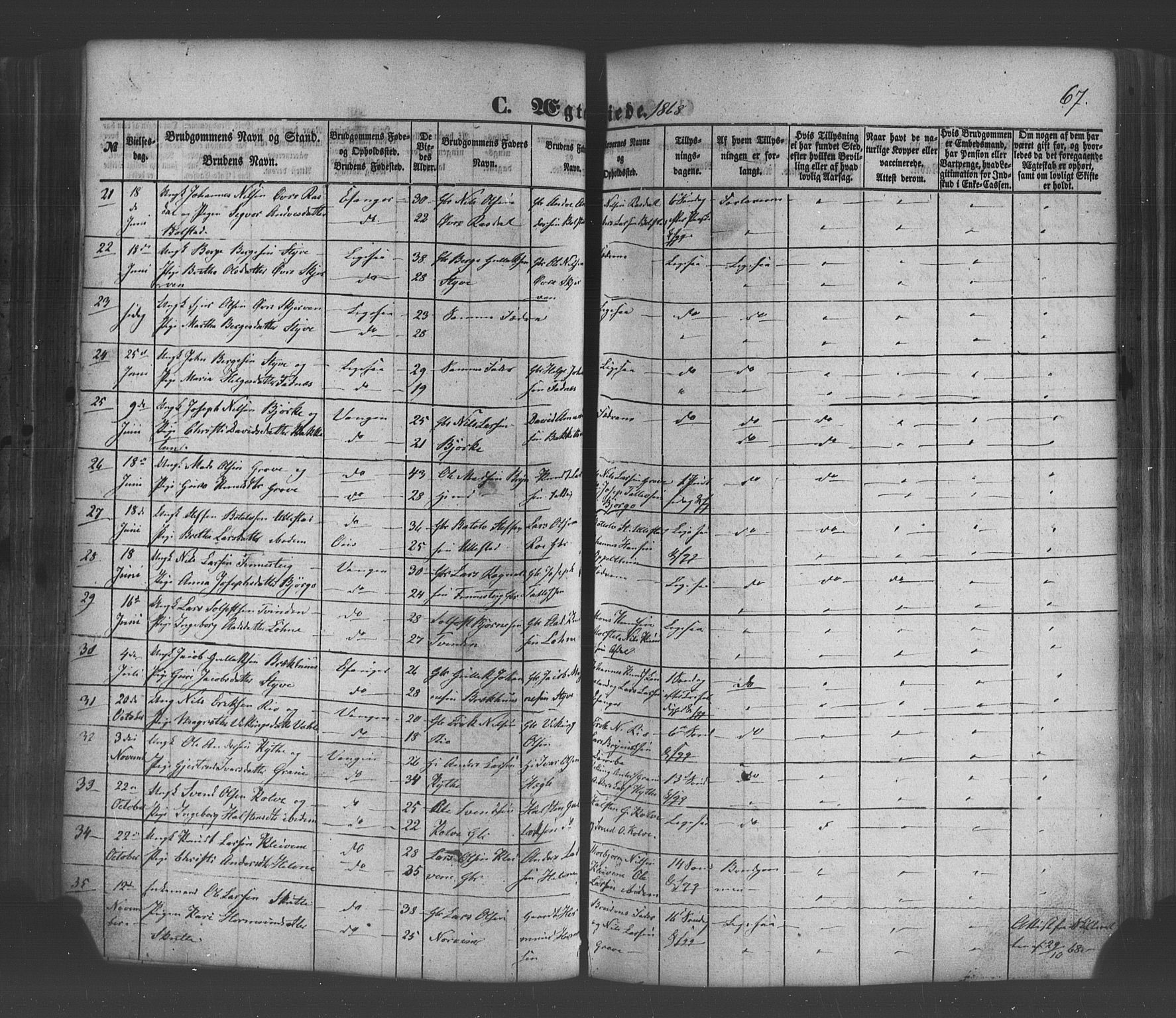 Voss sokneprestembete, AV/SAB-A-79001/H/Haa: Parish register (official) no. A 19, 1851-1886, p. 67