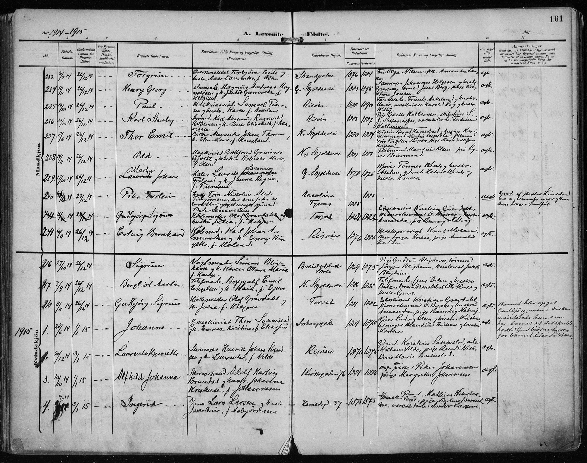 Haugesund sokneprestkontor, AV/SAST-A -101863/H/Ha/Haa/L0008: Parish register (official) no. A 8, 1908-1921, p. 161