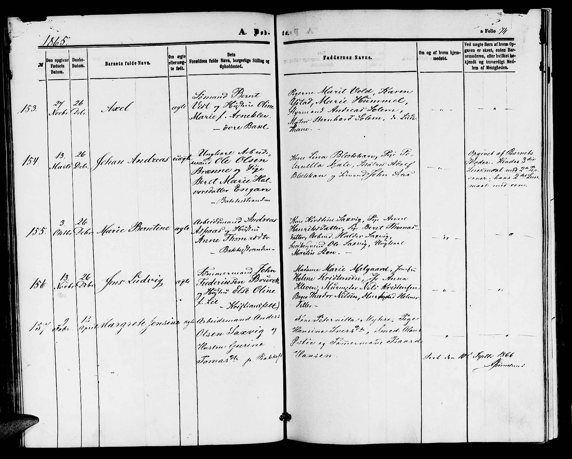 Ministerialprotokoller, klokkerbøker og fødselsregistre - Sør-Trøndelag, SAT/A-1456/604/L0185: Parish register (official) no. 604A06, 1861-1865, p. 74