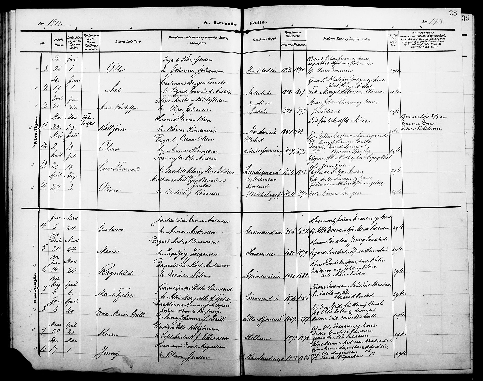 Stange prestekontor, AV/SAH-PREST-002/L/L0013: Parish register (copy) no. 13, 1906-1915, p. 38