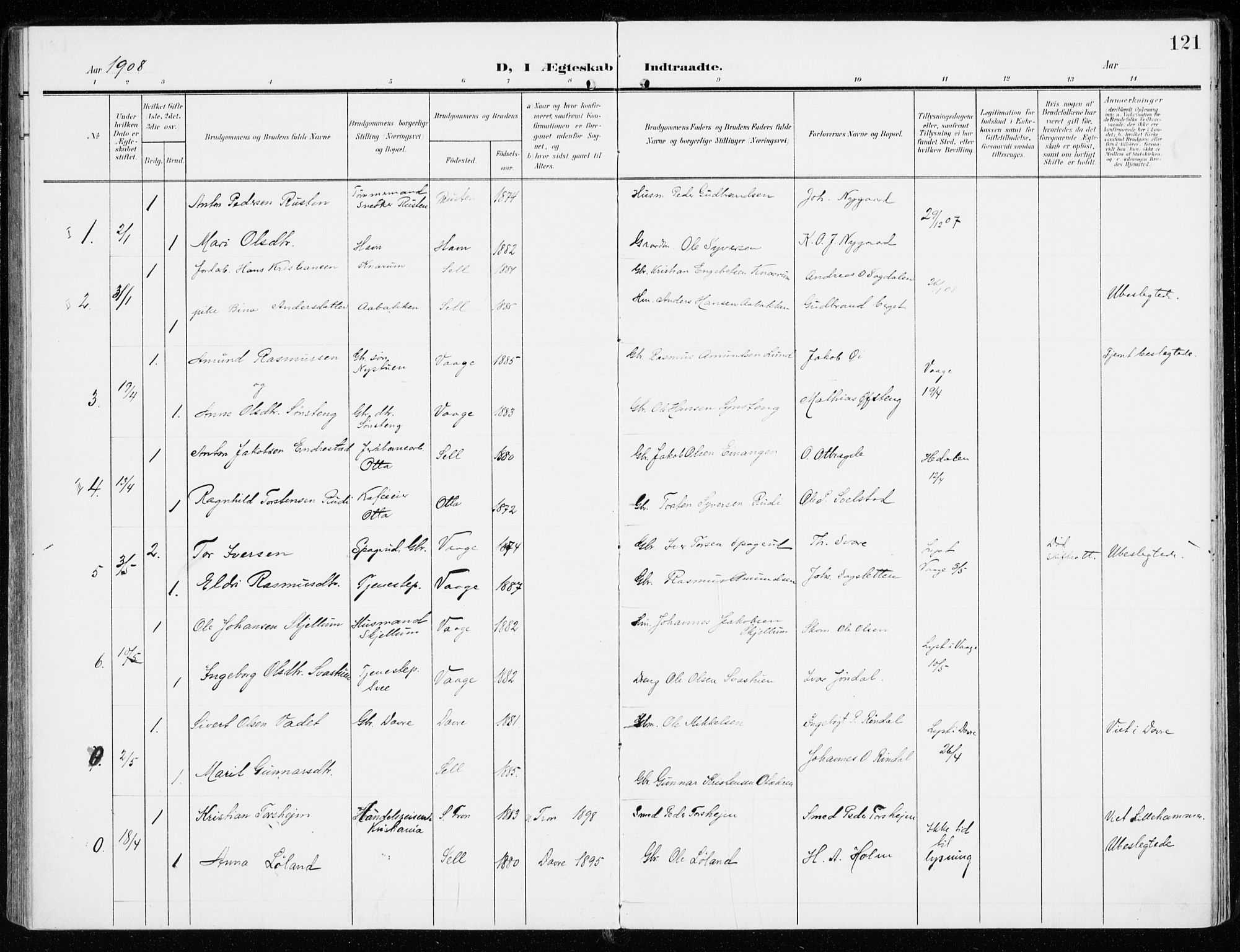 Sel prestekontor, SAH/PREST-074/H/Ha/Haa/L0002: Parish register (official) no. 2, 1905-1919, p. 121
