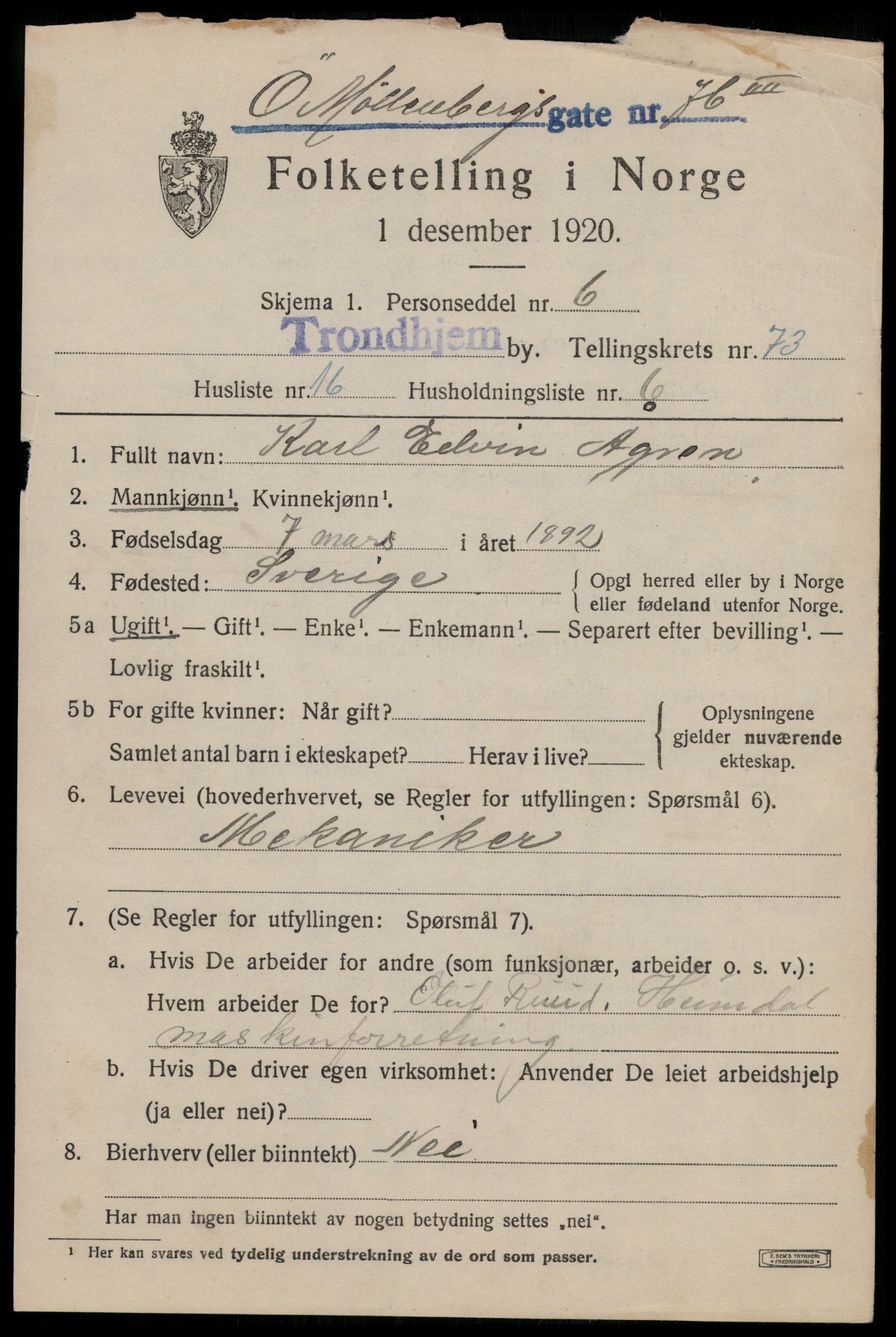 SAT, 1920 census for Trondheim, 1920, p. 143774