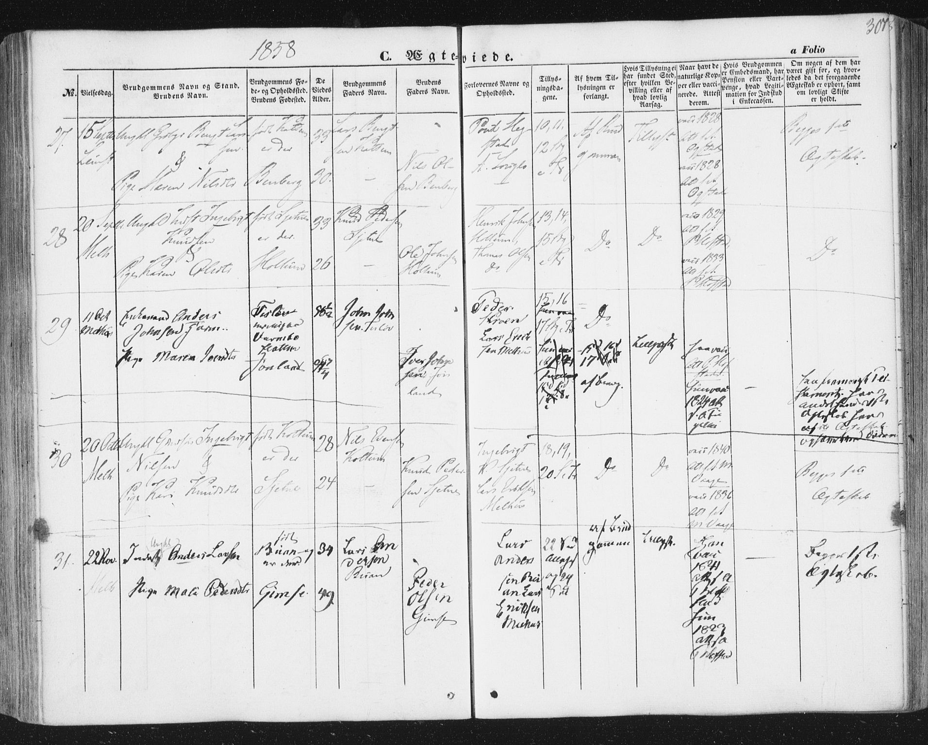 Ministerialprotokoller, klokkerbøker og fødselsregistre - Sør-Trøndelag, AV/SAT-A-1456/691/L1076: Parish register (official) no. 691A08, 1852-1861, p. 307