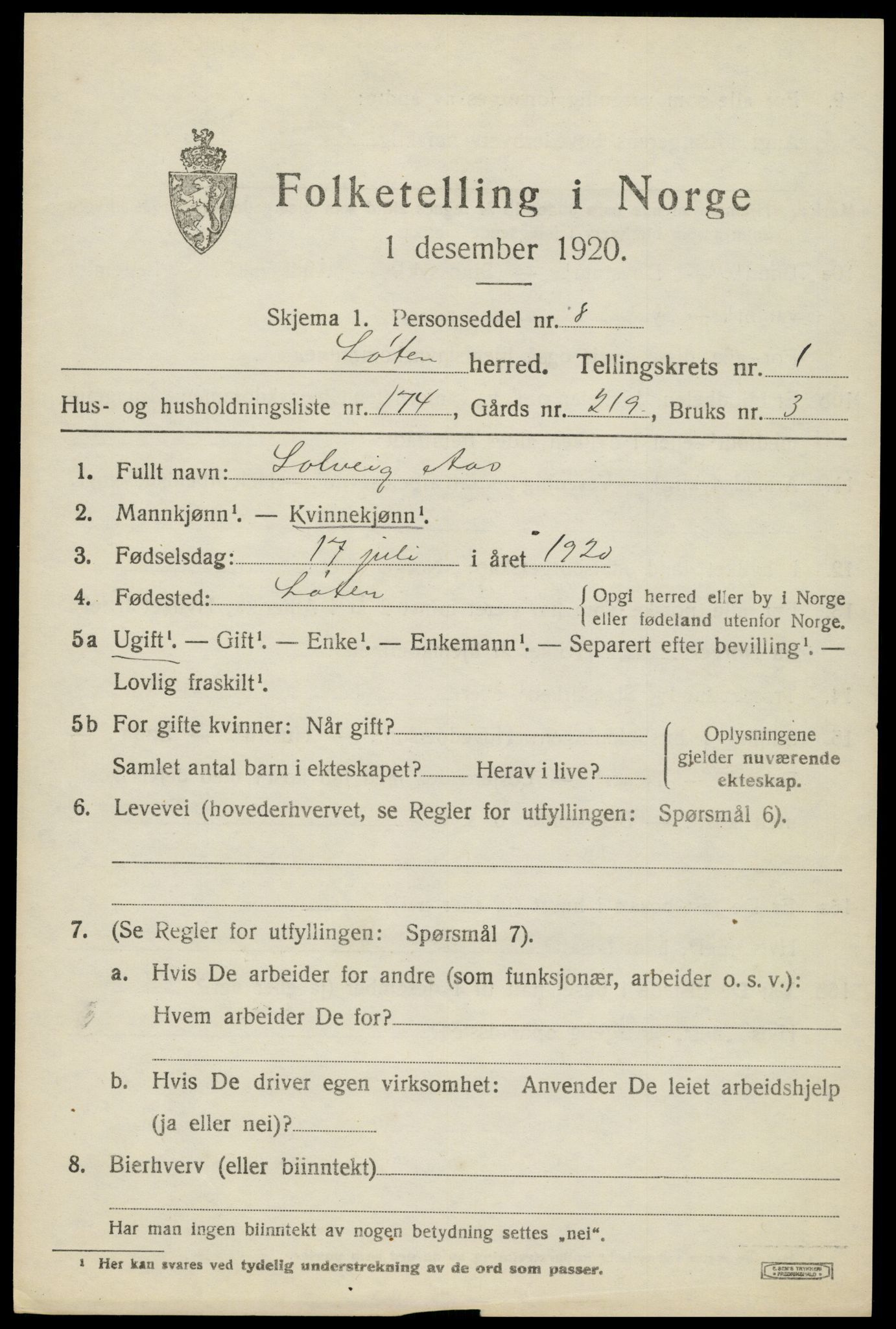 SAH, 1920 census for Løten, 1920, p. 4345