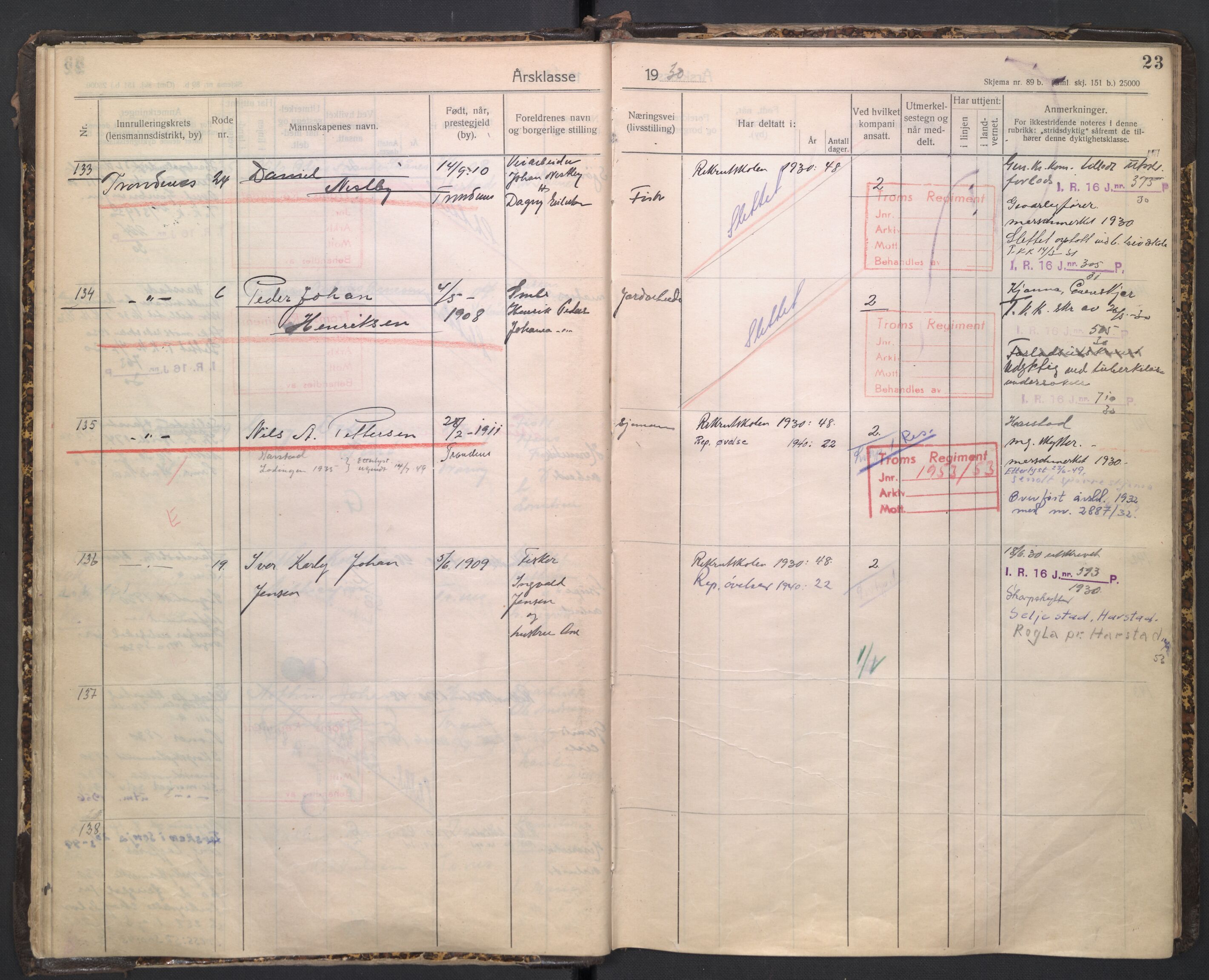 Forsvaret, Troms infanteriregiment nr. 16, AV/RA-RAFA-3146/P/Pa/L0005/0003: Ruller / Rulle for regimentets stridende menige mannskaper, årsklasse 1930, 1930, p. 23