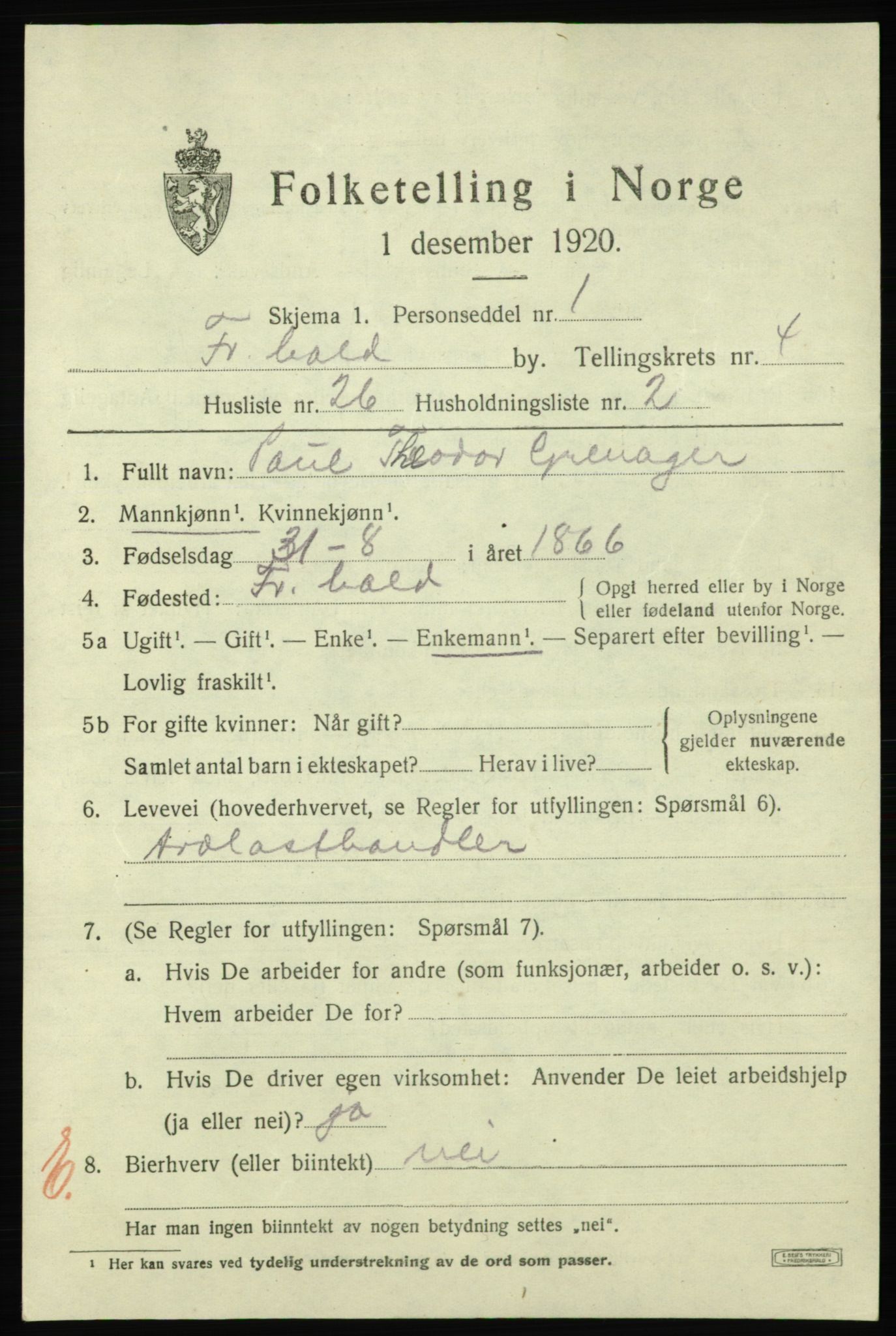 SAO, 1920 census for Fredrikshald, 1920, p. 11761