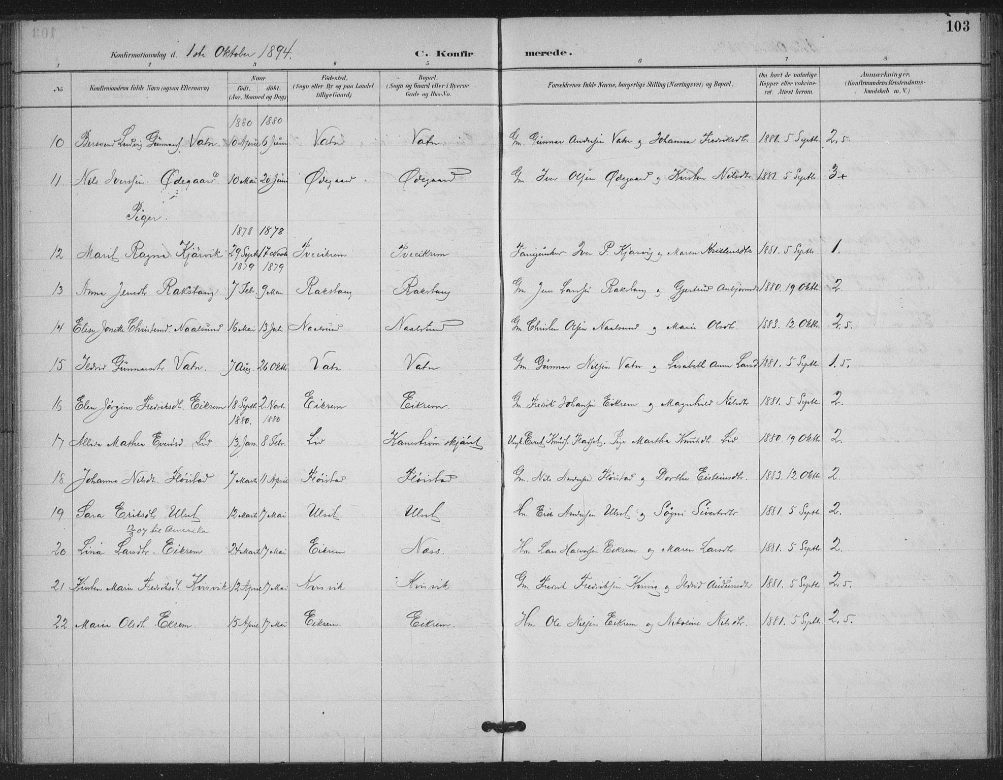 Ministerialprotokoller, klokkerbøker og fødselsregistre - Møre og Romsdal, AV/SAT-A-1454/587/L1000: Parish register (official) no. 587A02, 1887-1910, p. 103