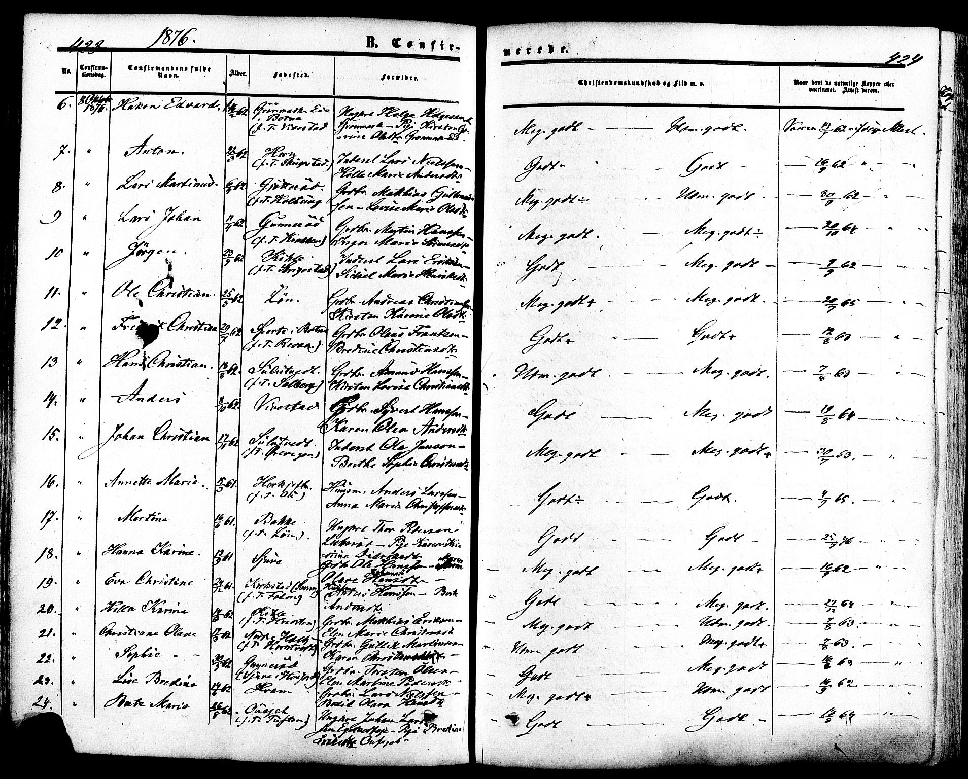 Ramnes kirkebøker, SAKO/A-314/F/Fa/L0006: Parish register (official) no. I 6, 1862-1877, p. 423-424