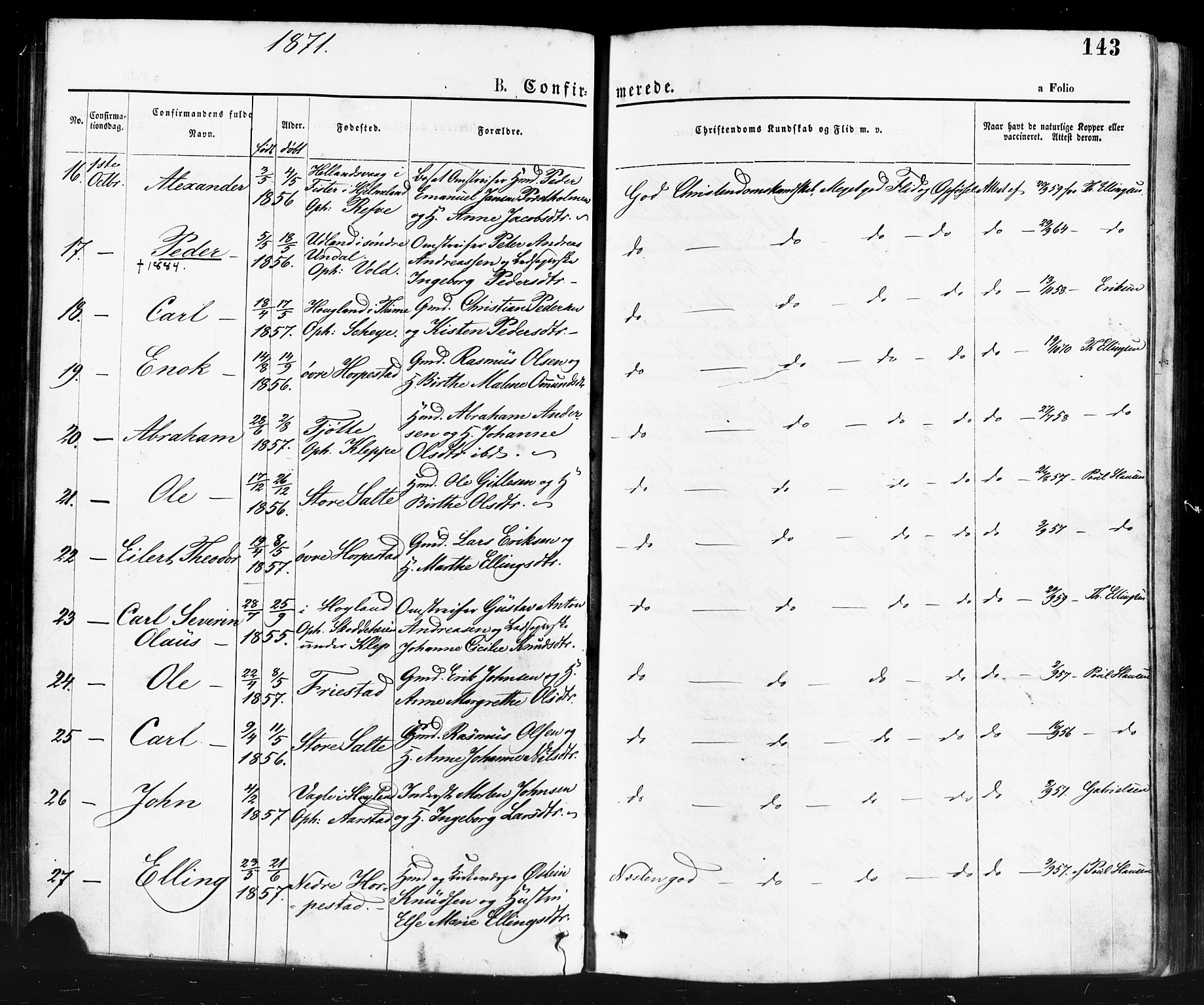 Klepp sokneprestkontor, SAST/A-101803/001/3/30BA/L0006: Parish register (official) no. A 6, 1871-1885, p. 143