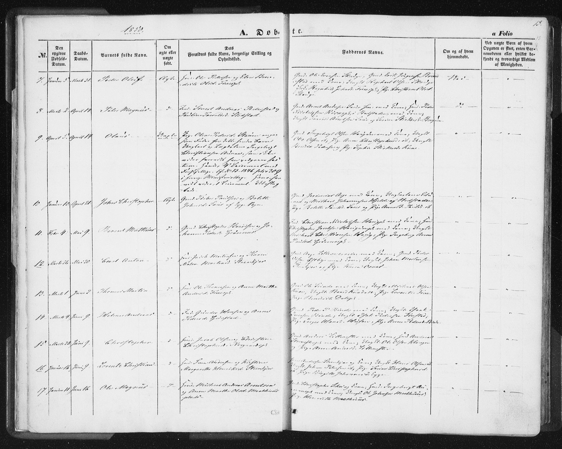 Ministerialprotokoller, klokkerbøker og fødselsregistre - Nord-Trøndelag, SAT/A-1458/746/L0446: Parish register (official) no. 746A05, 1846-1859, p. 13