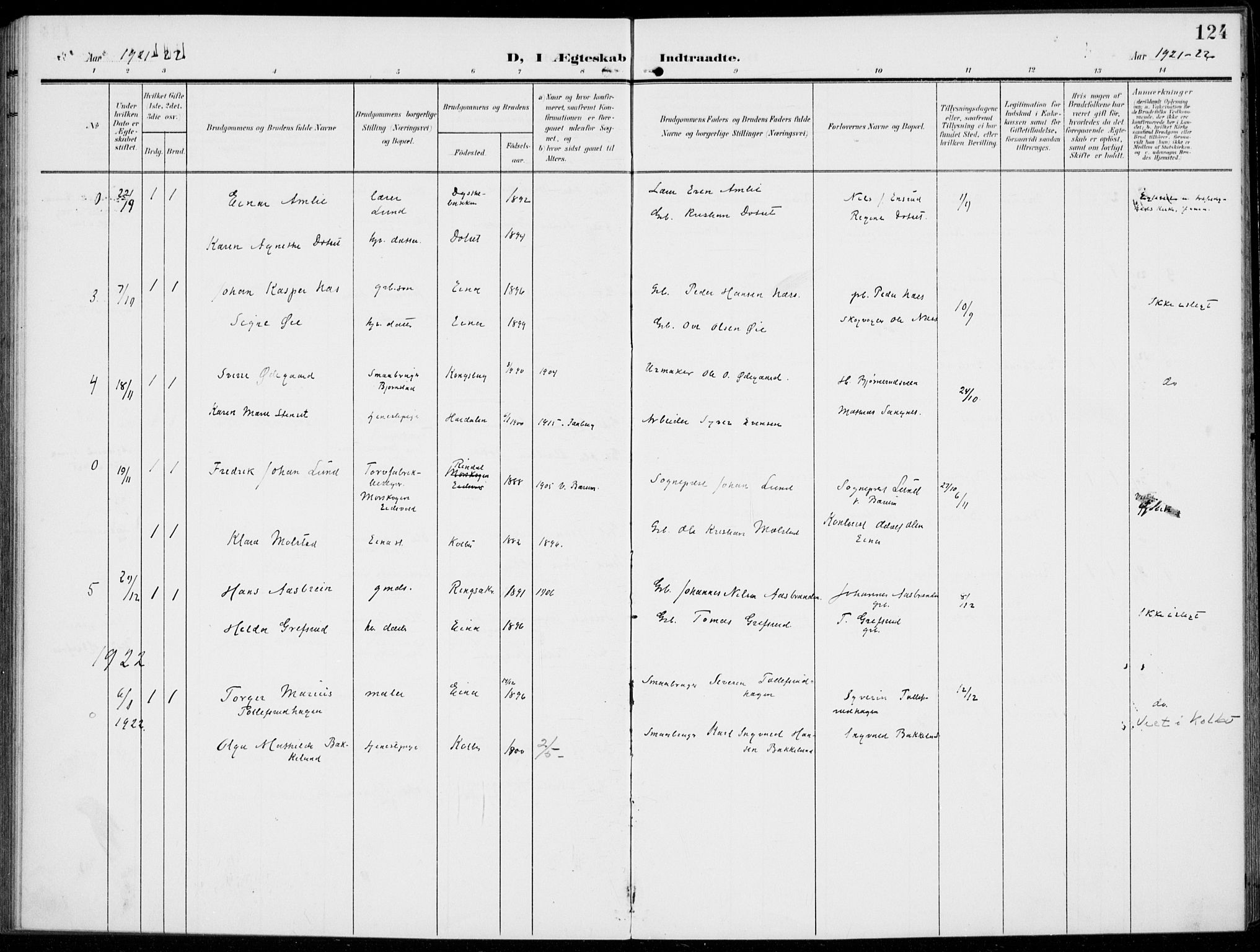 Kolbu prestekontor, SAH/PREST-110/H/Ha/Haa/L0001: Parish register (official) no. 1, 1907-1923, p. 124