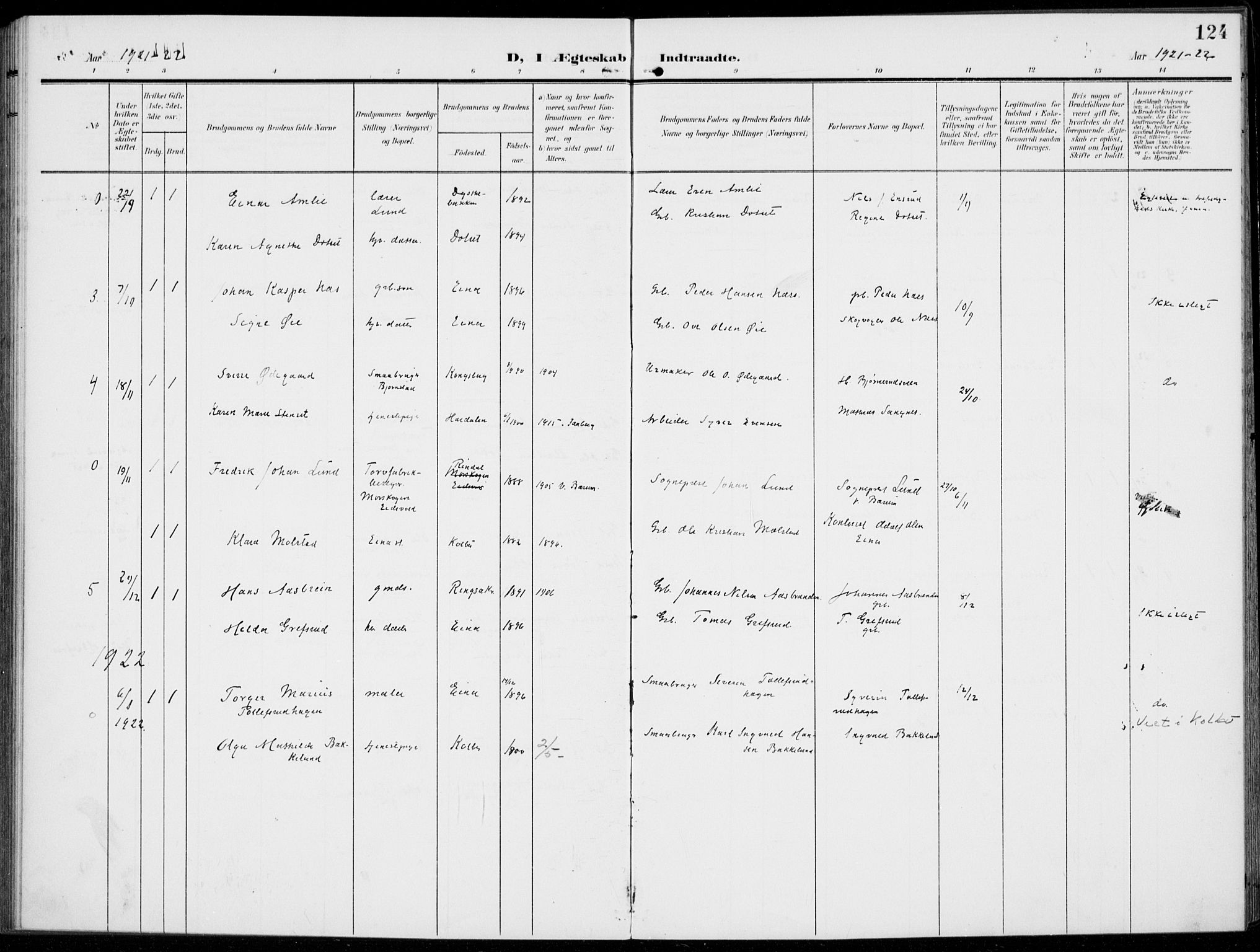 Kolbu prestekontor, AV/SAH-PREST-110/H/Ha/Haa/L0001: Parish register (official) no. 1, 1907-1923, p. 124
