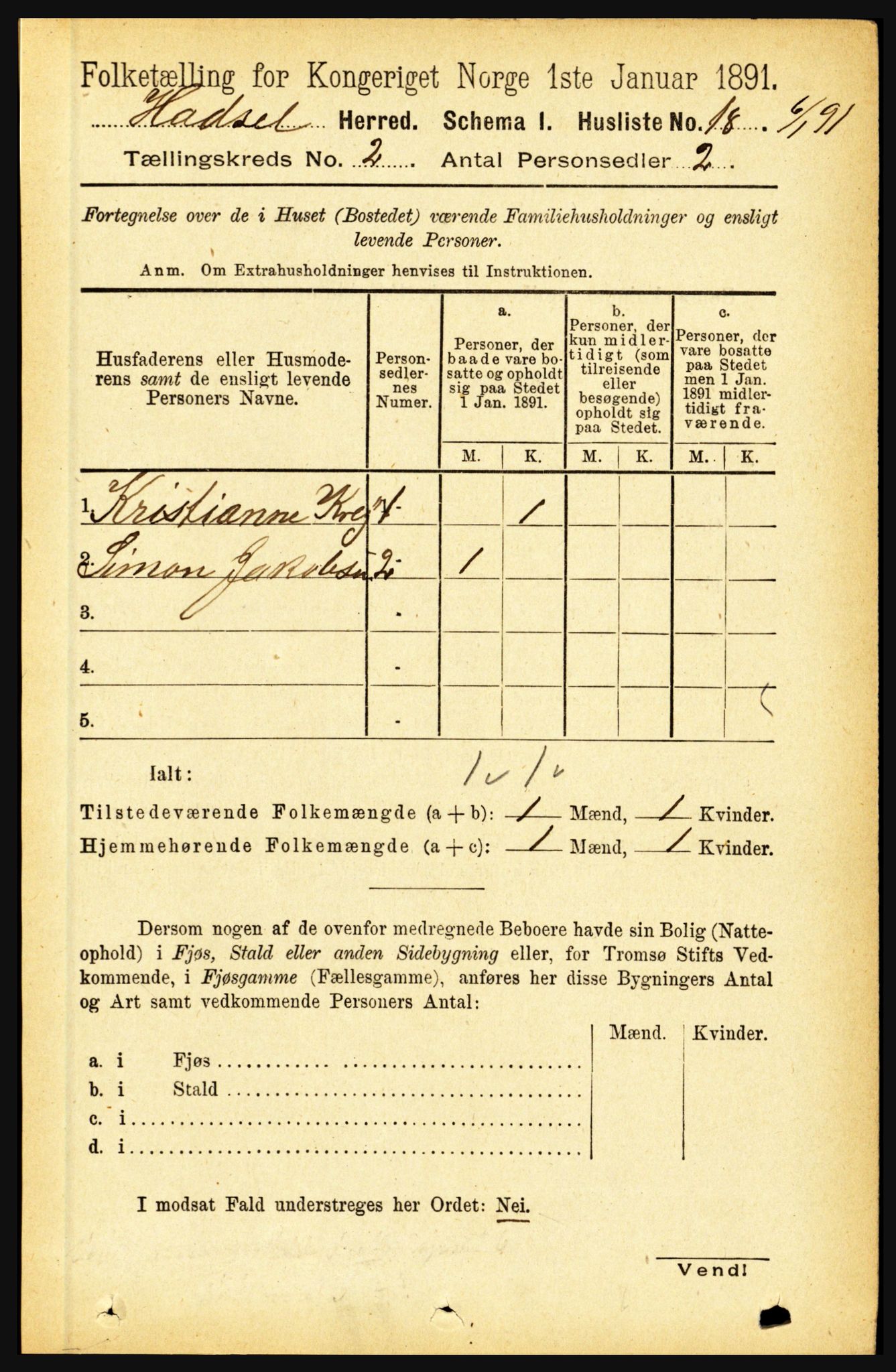 RA, 1891 census for 1866 Hadsel, 1891, p. 612