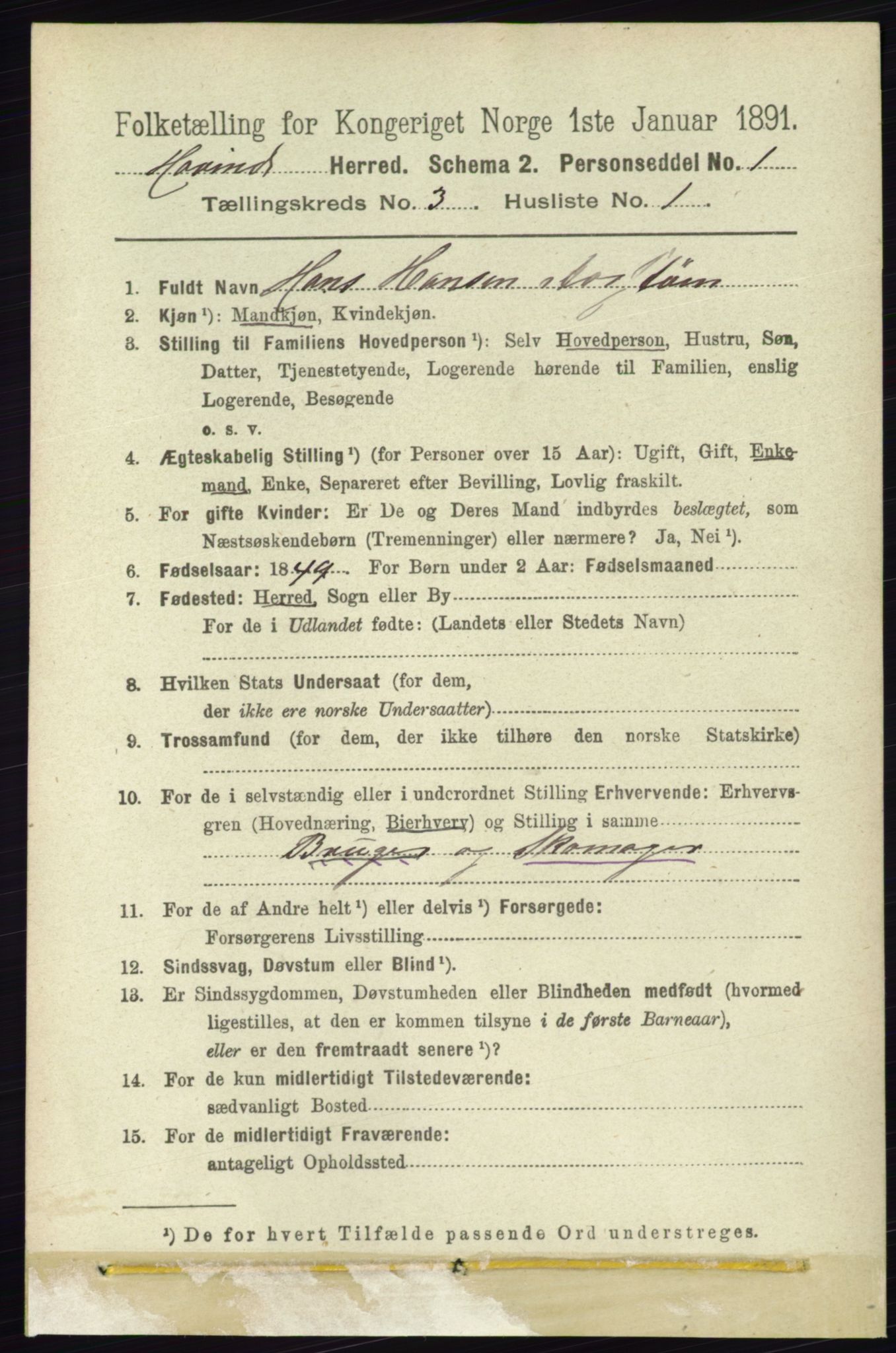 RA, 1891 census for 0825 Hovin, 1891, p. 657