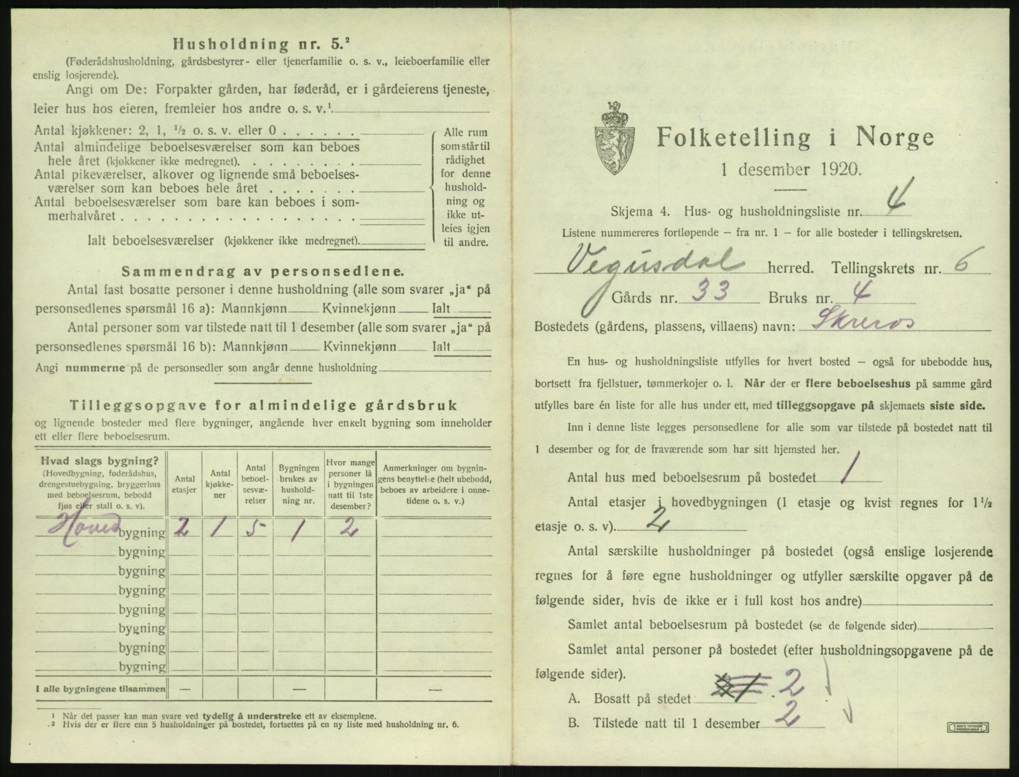 SAK, 1920 census for Vegusdal, 1920, p. 243