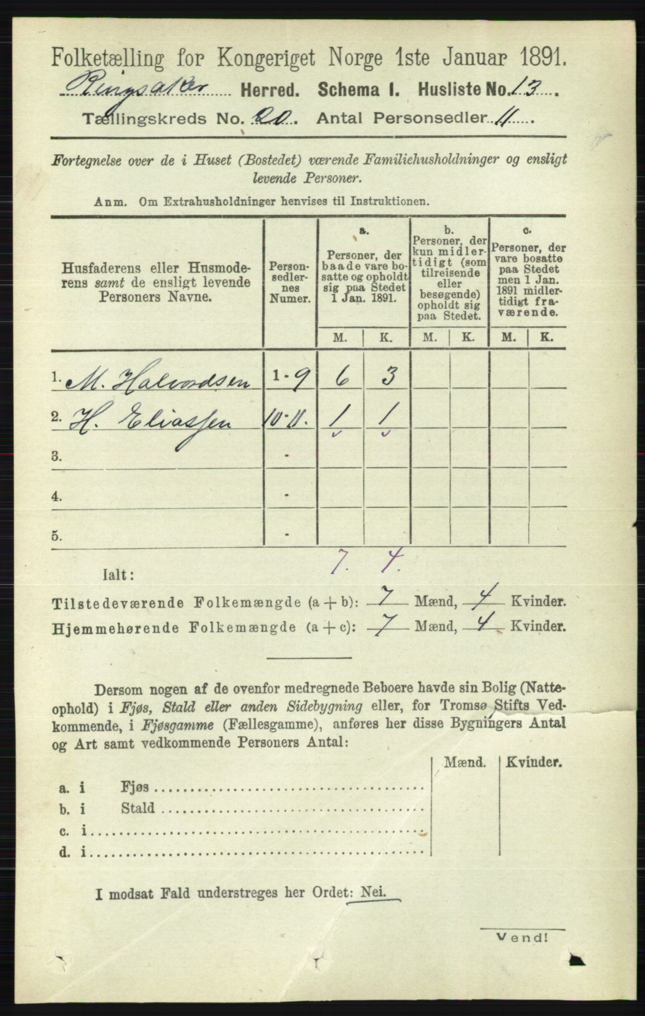 RA, 1891 census for 0412 Ringsaker, 1891, p. 11027