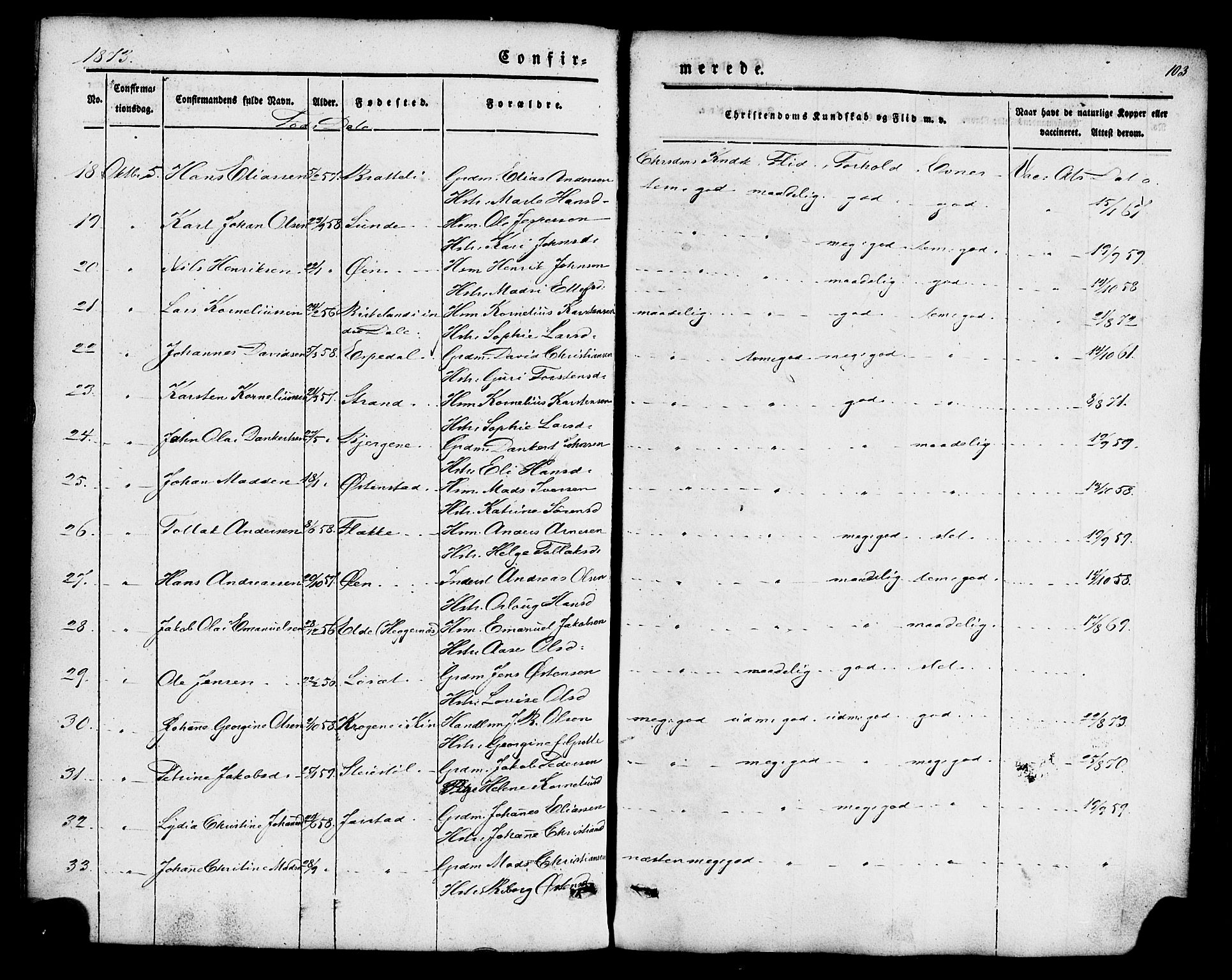 Fjaler sokneprestembete, SAB/A-79801/H/Haa/Haaa/L0008: Parish register (official) no. A 8, 1850-1886, p. 103