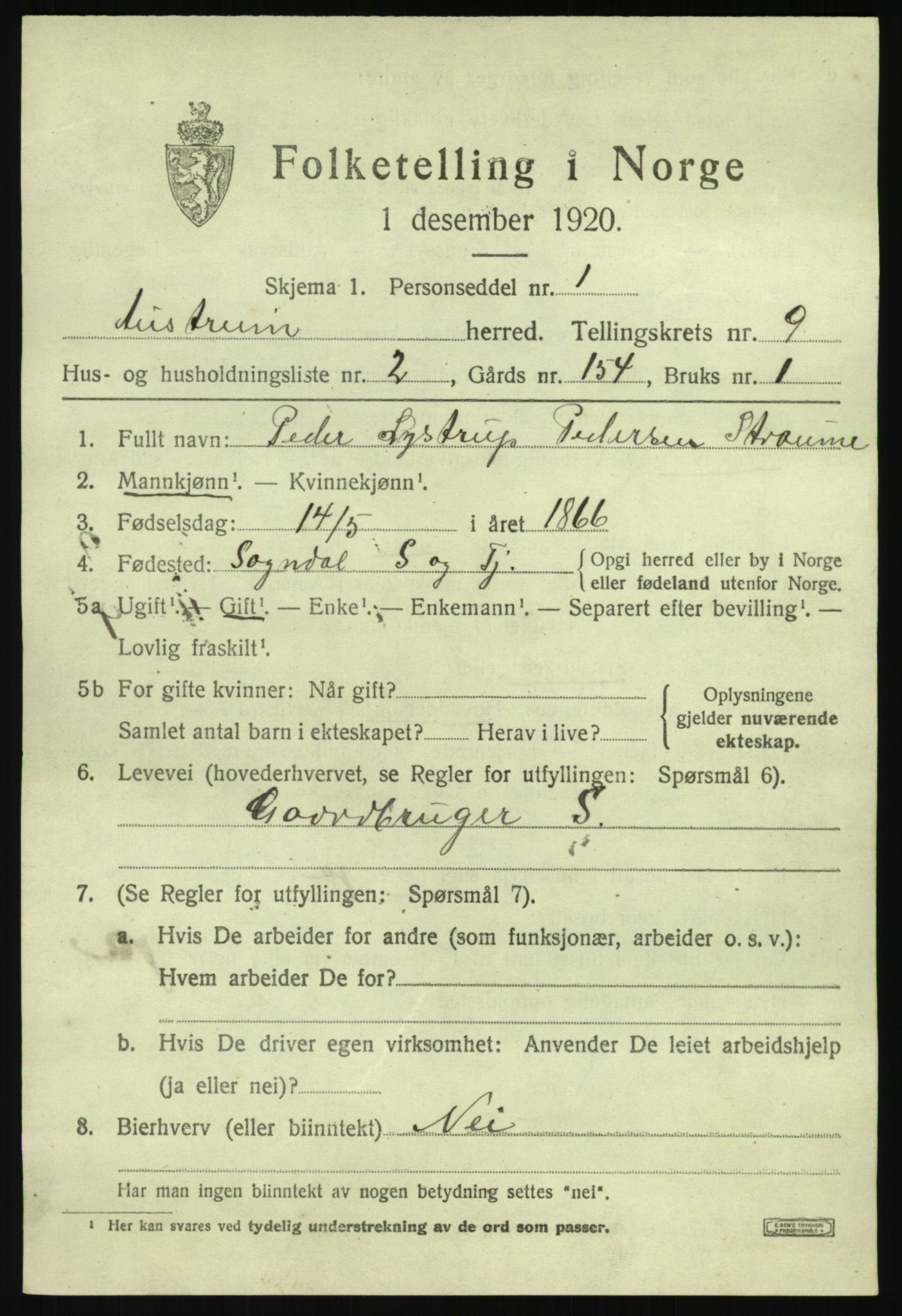 SAB, 1920 census for Austrheim, 1920, p. 3206