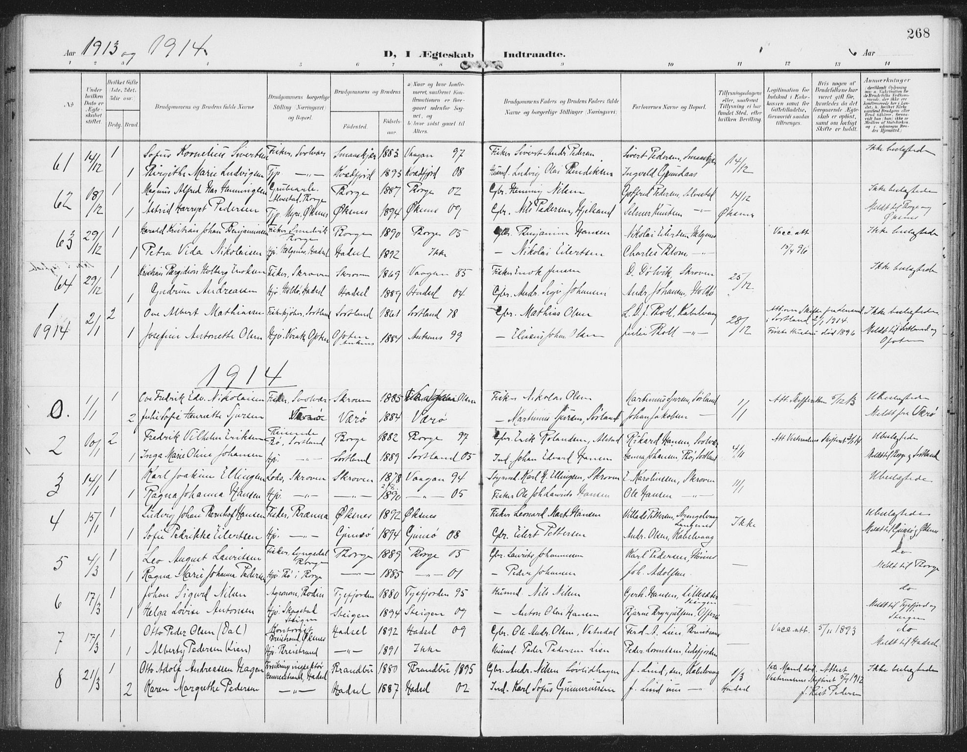 Ministerialprotokoller, klokkerbøker og fødselsregistre - Nordland, SAT/A-1459/874/L1063: Parish register (official) no. 874A07, 1907-1915, p. 268