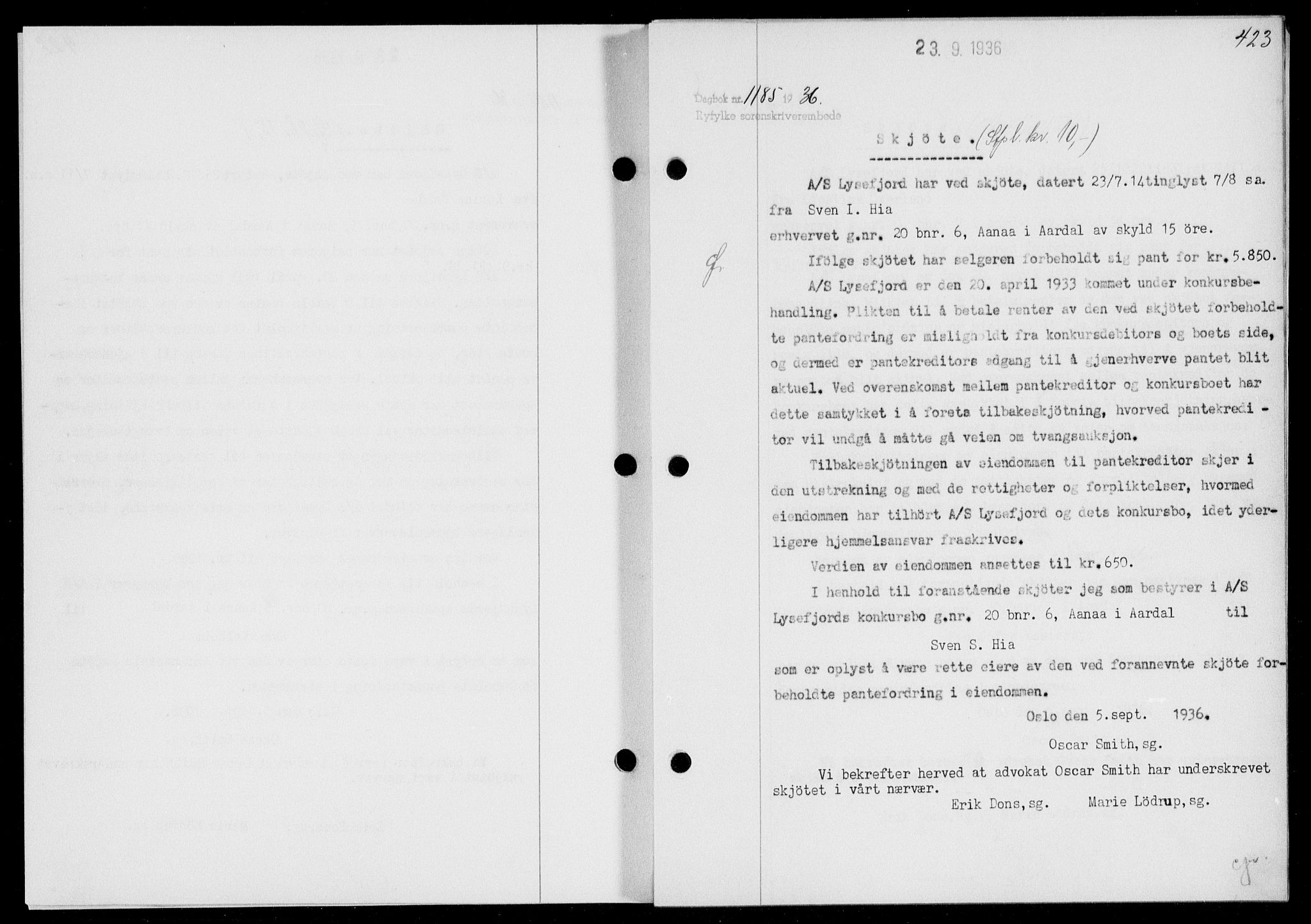 Ryfylke tingrett, SAST/A-100055/001/II/IIB/L0073: Mortgage book no. 52, 1936-1936, Diary no: : 1185/1936
