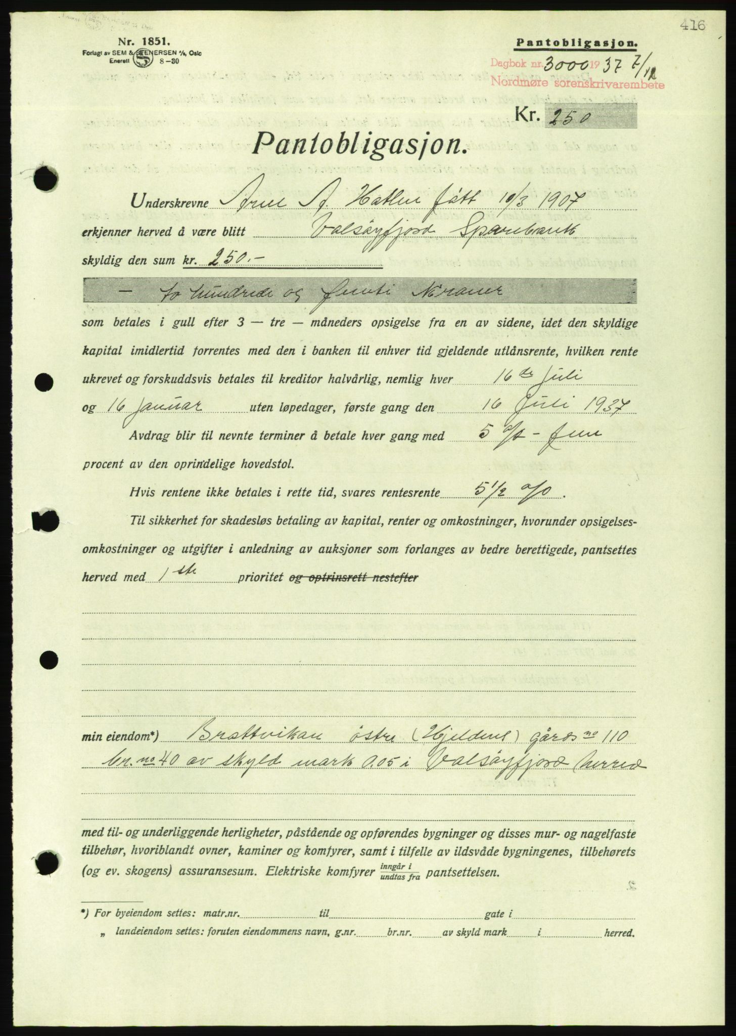 Nordmøre sorenskriveri, AV/SAT-A-4132/1/2/2Ca/L0092: Mortgage book no. B82, 1937-1938, Diary no: : 3000/1937