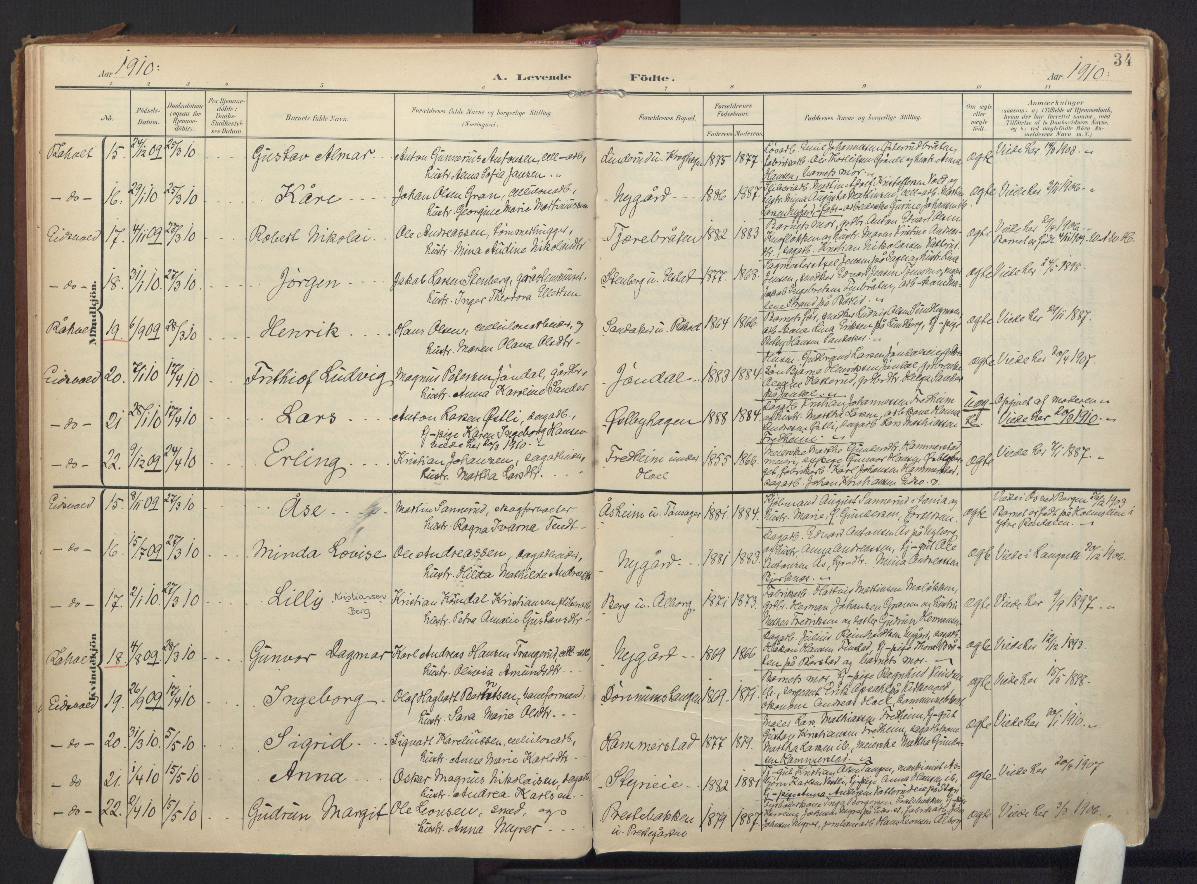 Eidsvoll prestekontor Kirkebøker, AV/SAO-A-10888/F/Fa/L0008: Parish register (official) no. I 8, 1908-1920, p. 34