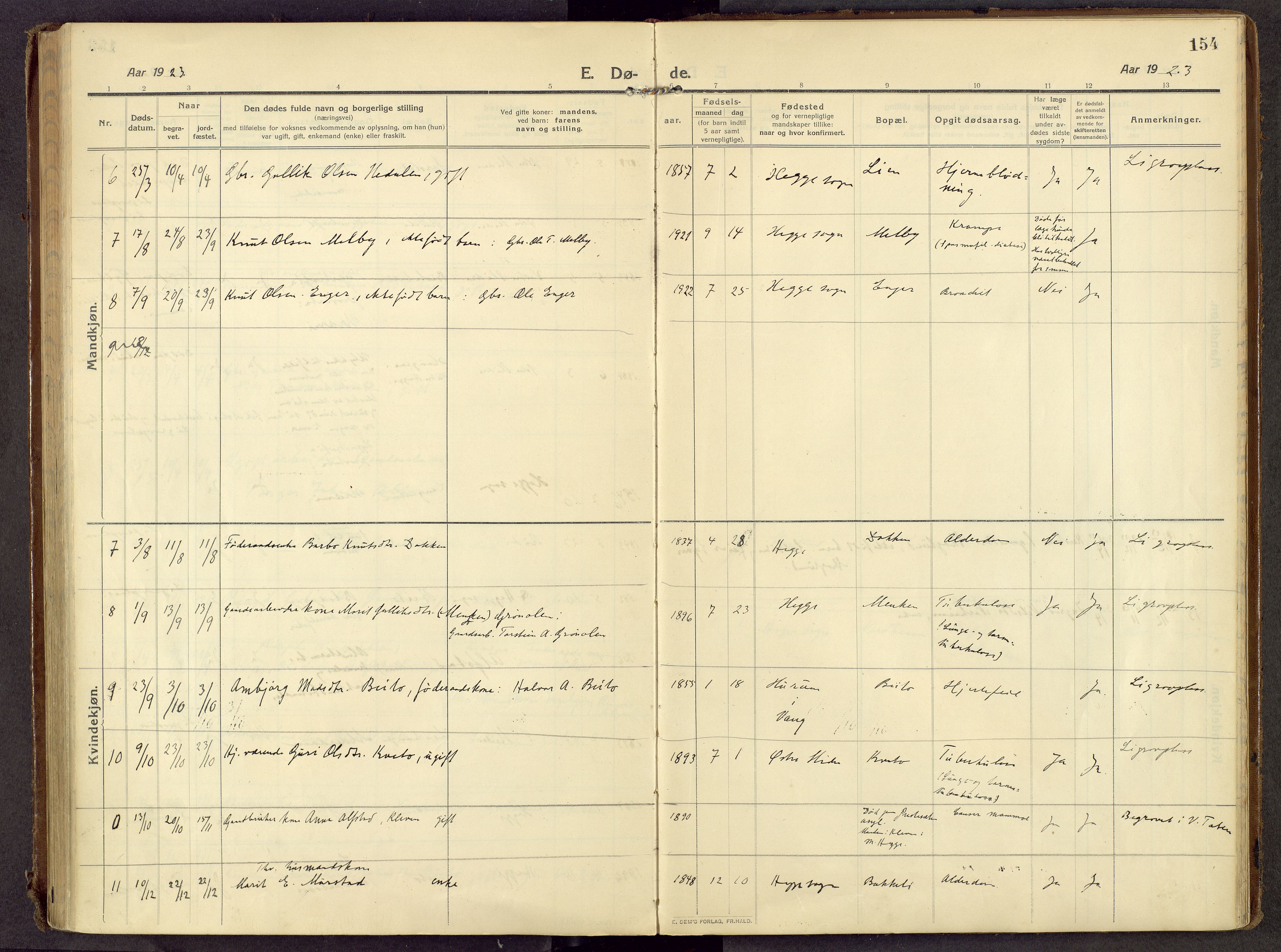 Øystre Slidre prestekontor, AV/SAH-PREST-138/H/Ha/Haa/L0007: Parish register (official) no. 7, 1911-1931, p. 154