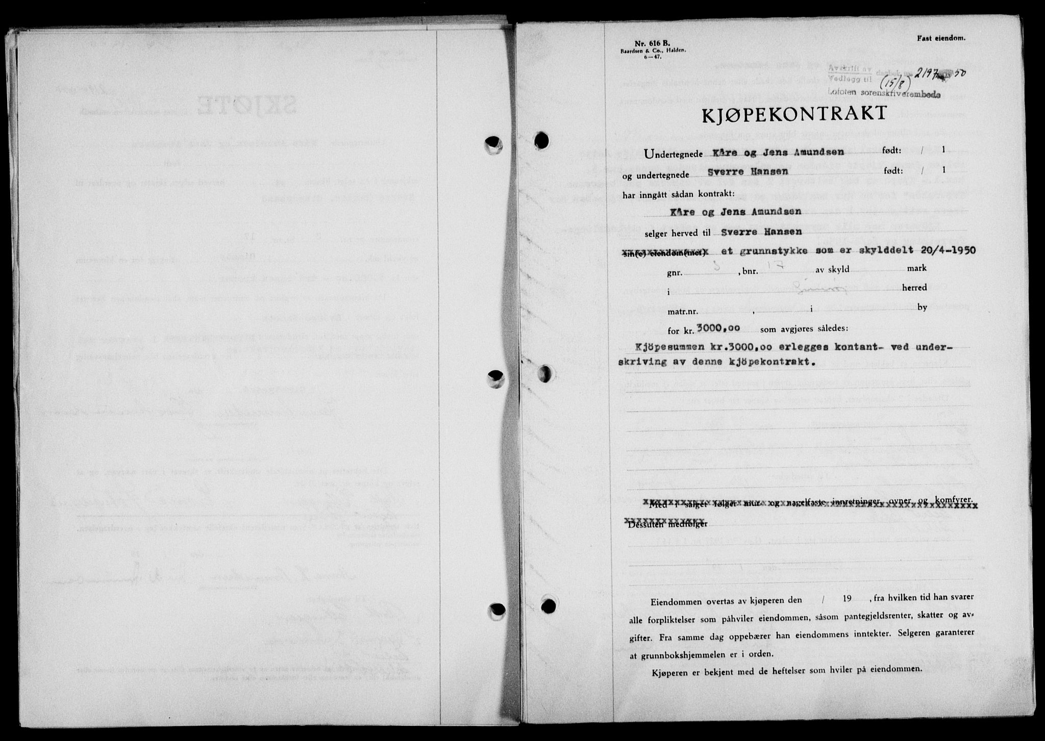 Lofoten sorenskriveri, SAT/A-0017/1/2/2C/L0024a: Mortgage book no. 24a, 1950-1950, Diary no: : 2197/1950