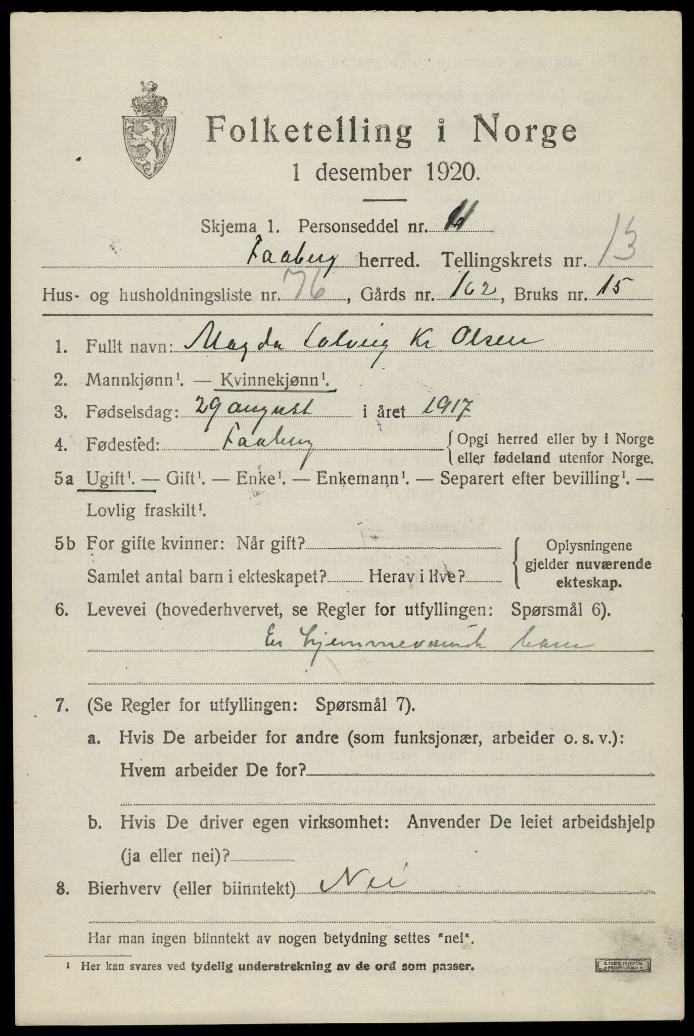 SAH, 1920 census for Fåberg, 1920, p. 14788