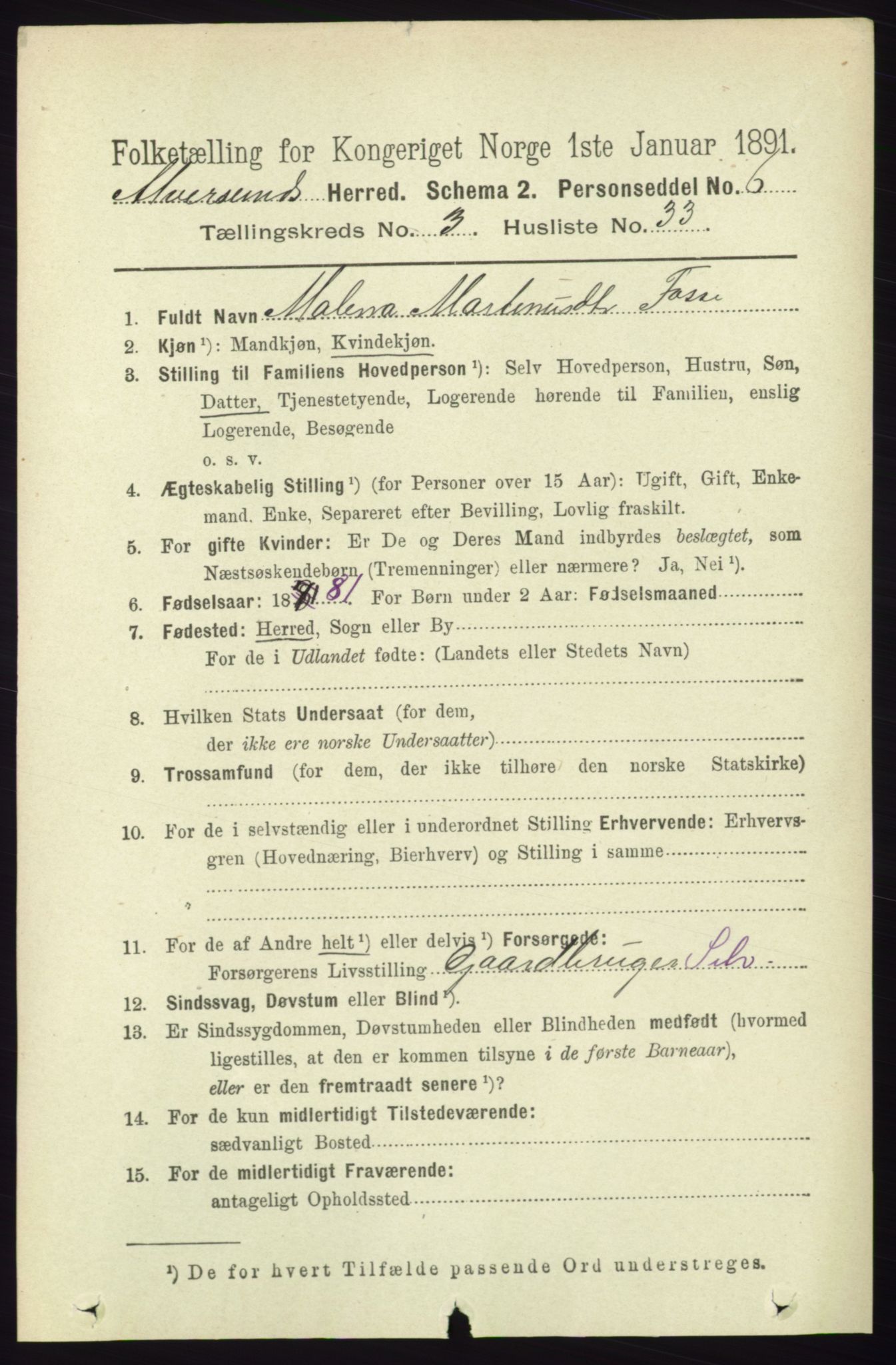 RA, 1891 census for 1257 Alversund, 1891, p. 1261