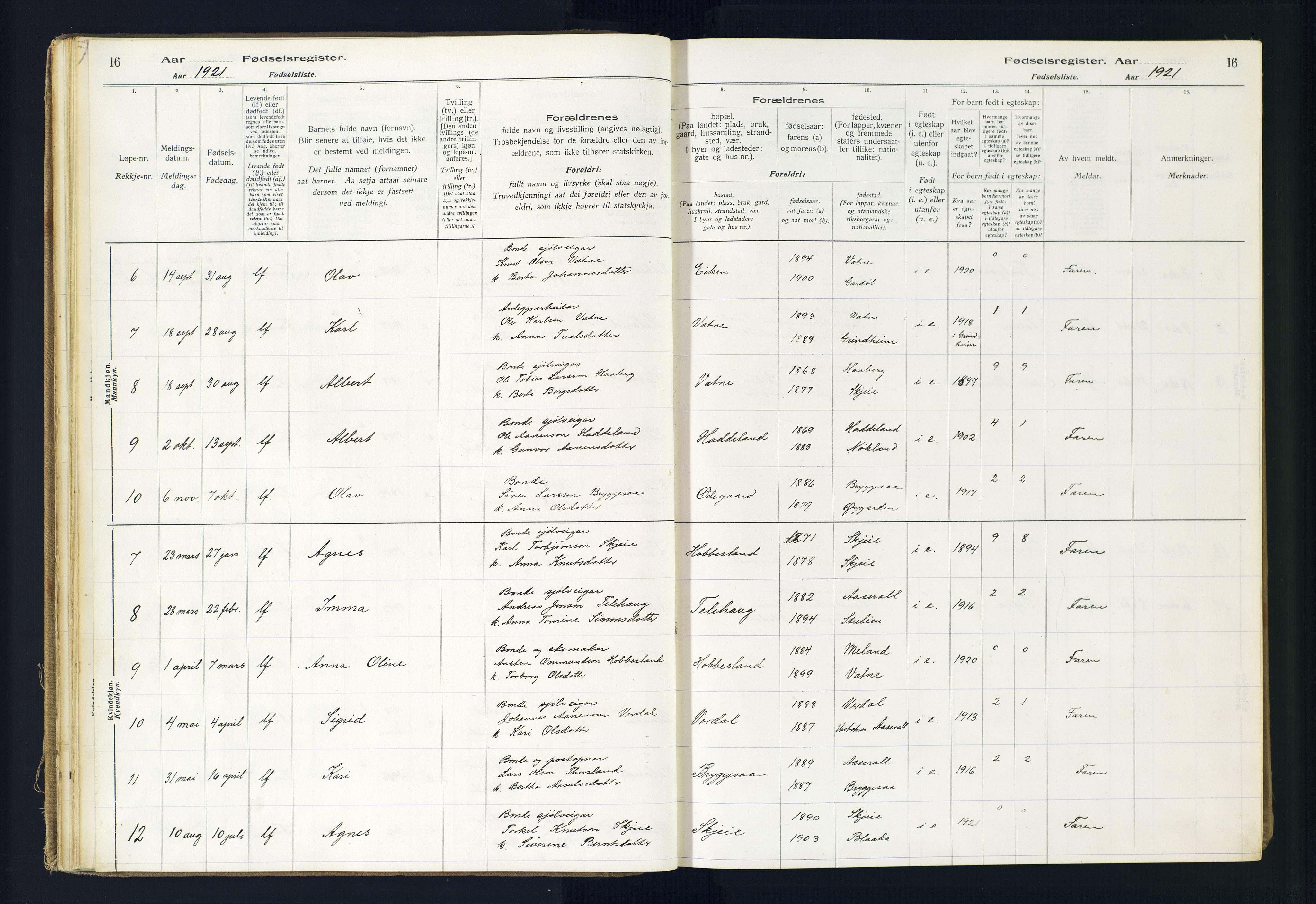 Hægebostad sokneprestkontor, AV/SAK-1111-0024/J/Ja/L0002: Birth register no. II.6.8, 1916-1982, p. 16