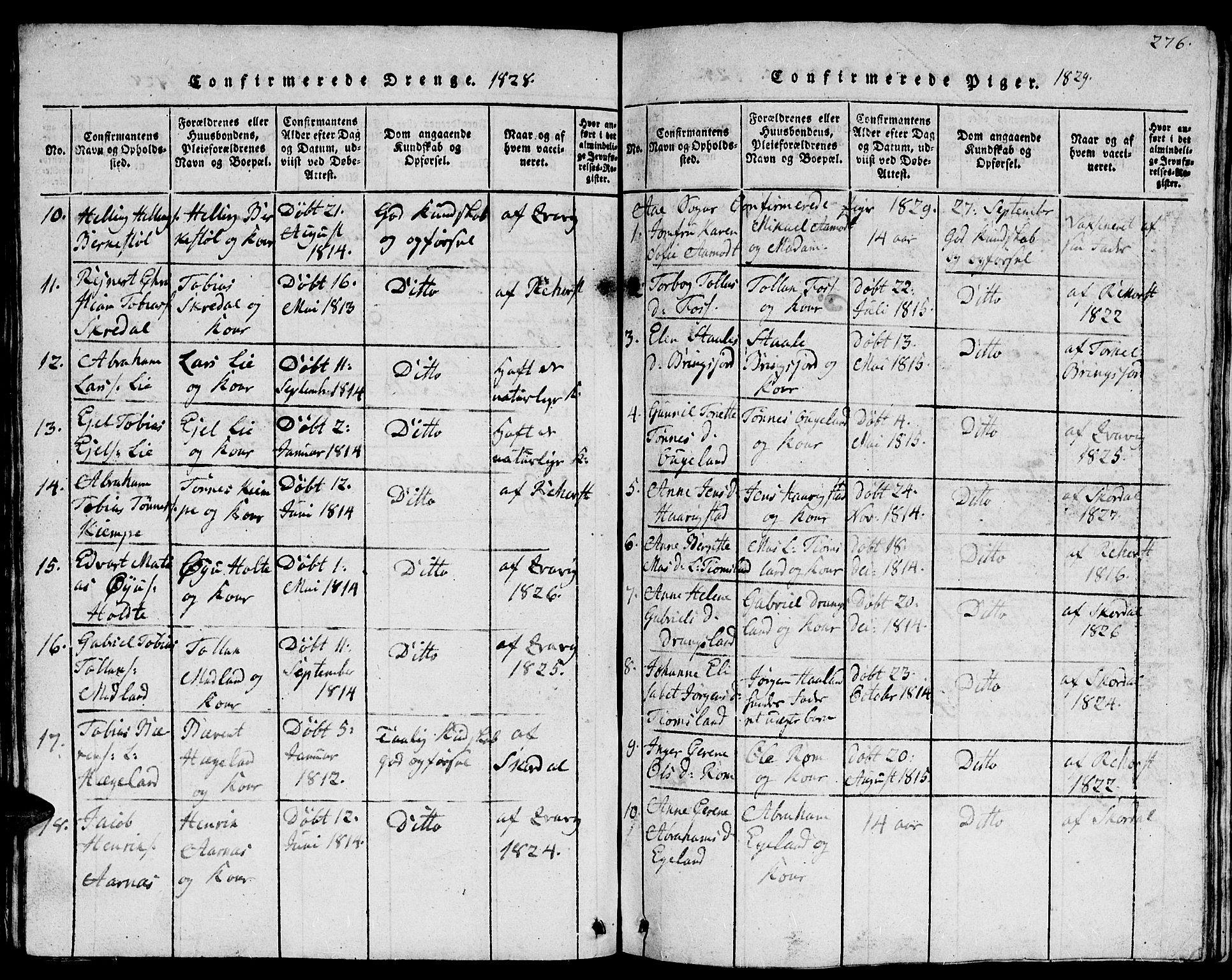 Lyngdal sokneprestkontor, AV/SAK-1111-0029/F/Fb/Fbc/L0001: Parish register (copy) no. B 1, 1815-1844, p. 276