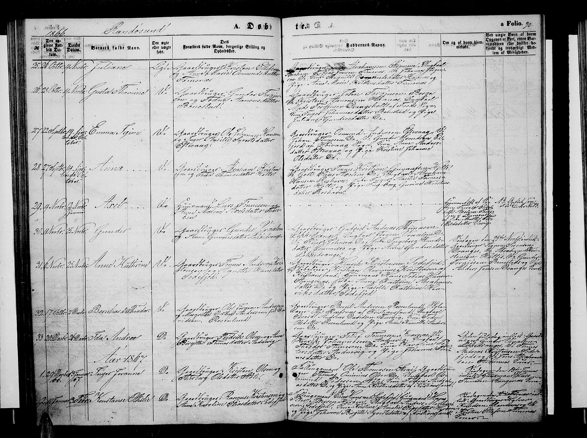 Oddernes sokneprestkontor, AV/SAK-1111-0033/F/Fb/Fba/L0006: Parish register (copy) no. B 6 /2, 1865-1869, p. 90