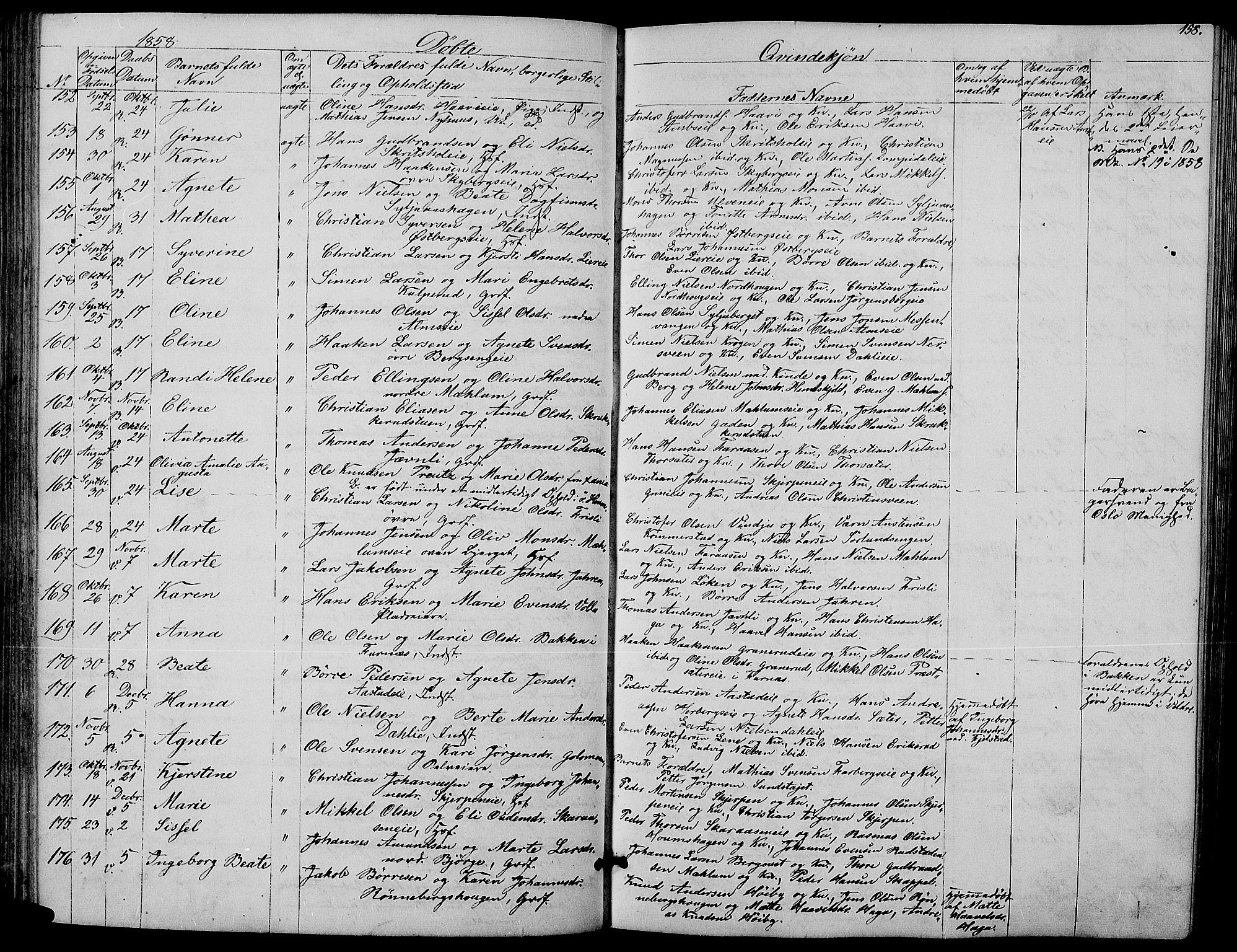 Ringsaker prestekontor, SAH/PREST-014/L/La/L0006: Parish register (copy) no. 6, 1851-1860, p. 158