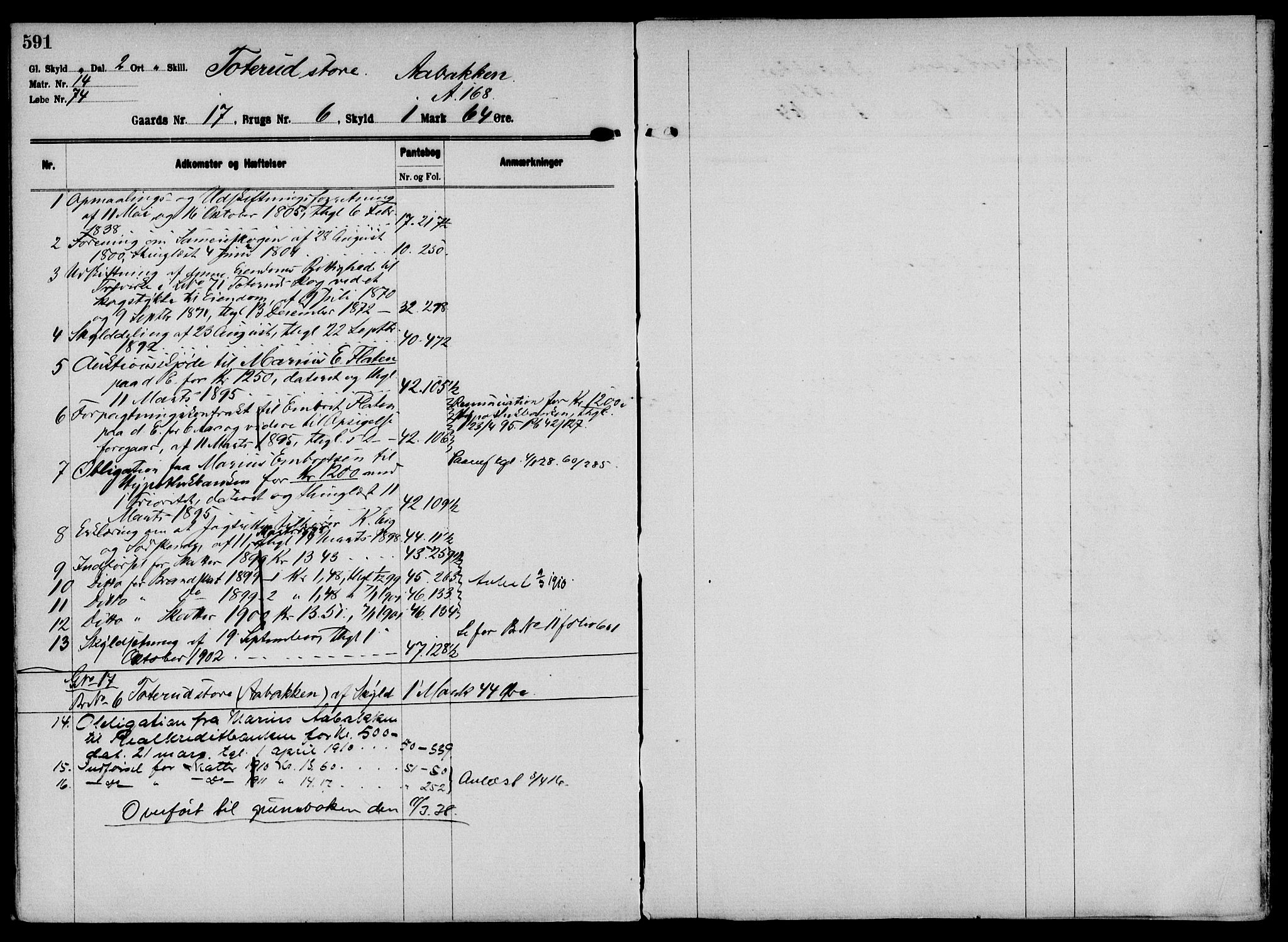 Solør tingrett, AV/SAH-TING-008/H/Ha/Hak/L0001: Mortgage register no. I, 1900-1935, p. 591