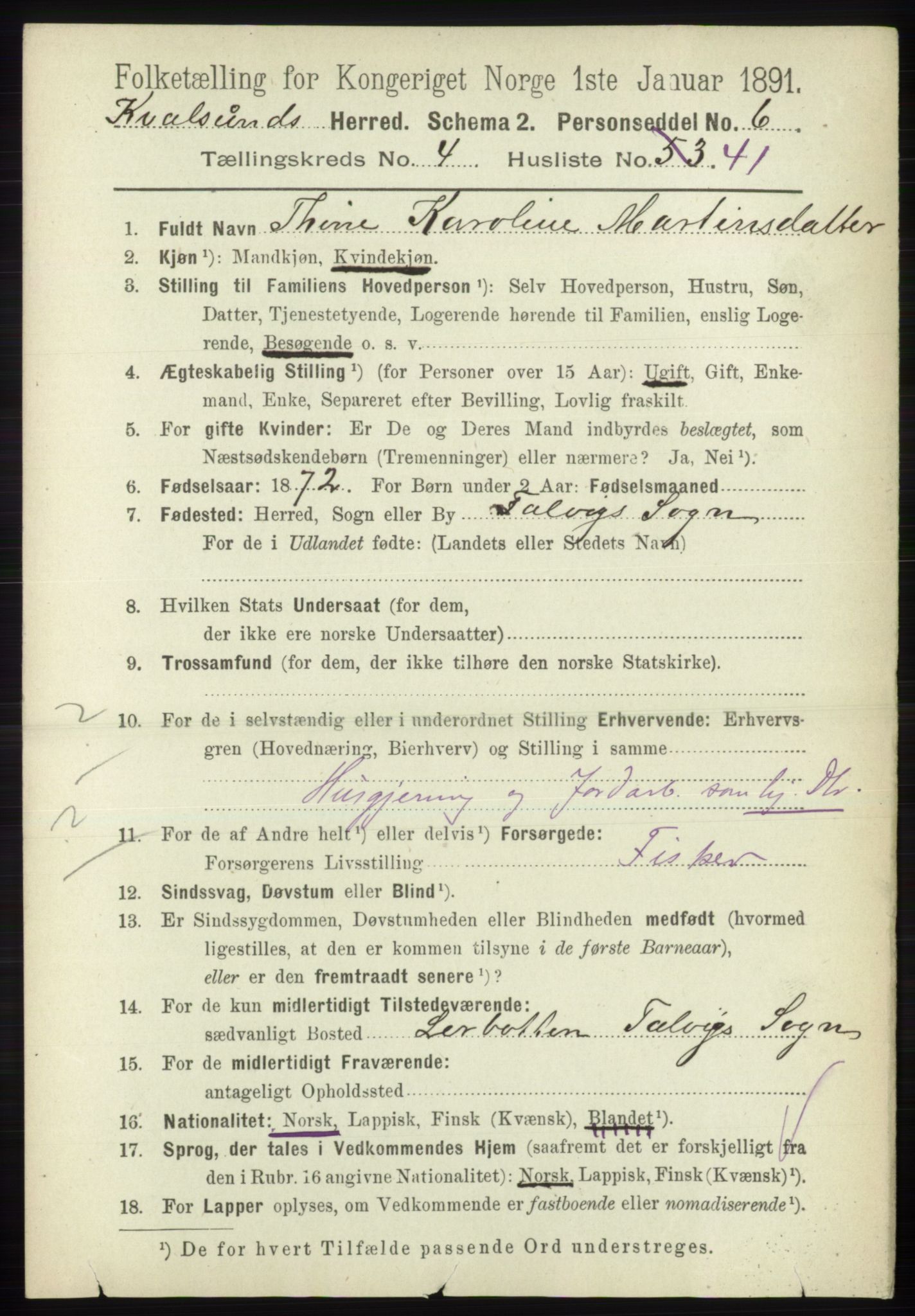 RA, 1891 census for 2017 Kvalsund, 1891, p. 440