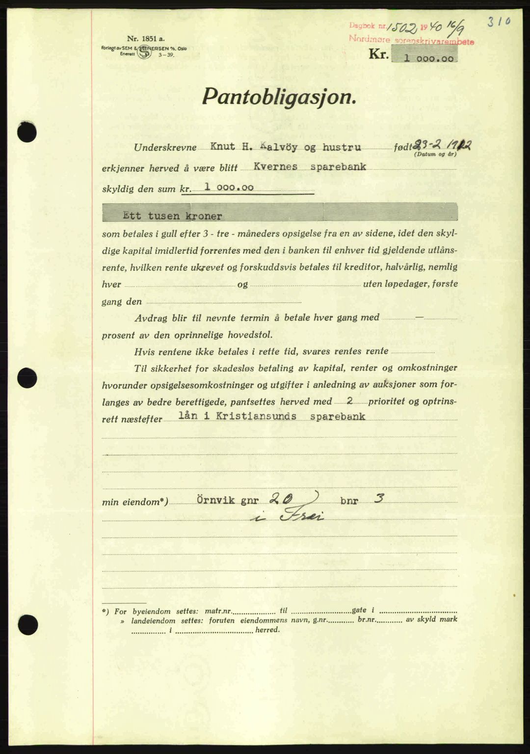 Nordmøre sorenskriveri, AV/SAT-A-4132/1/2/2Ca: Mortgage book no. B87, 1940-1941, Diary no: : 1502/1940