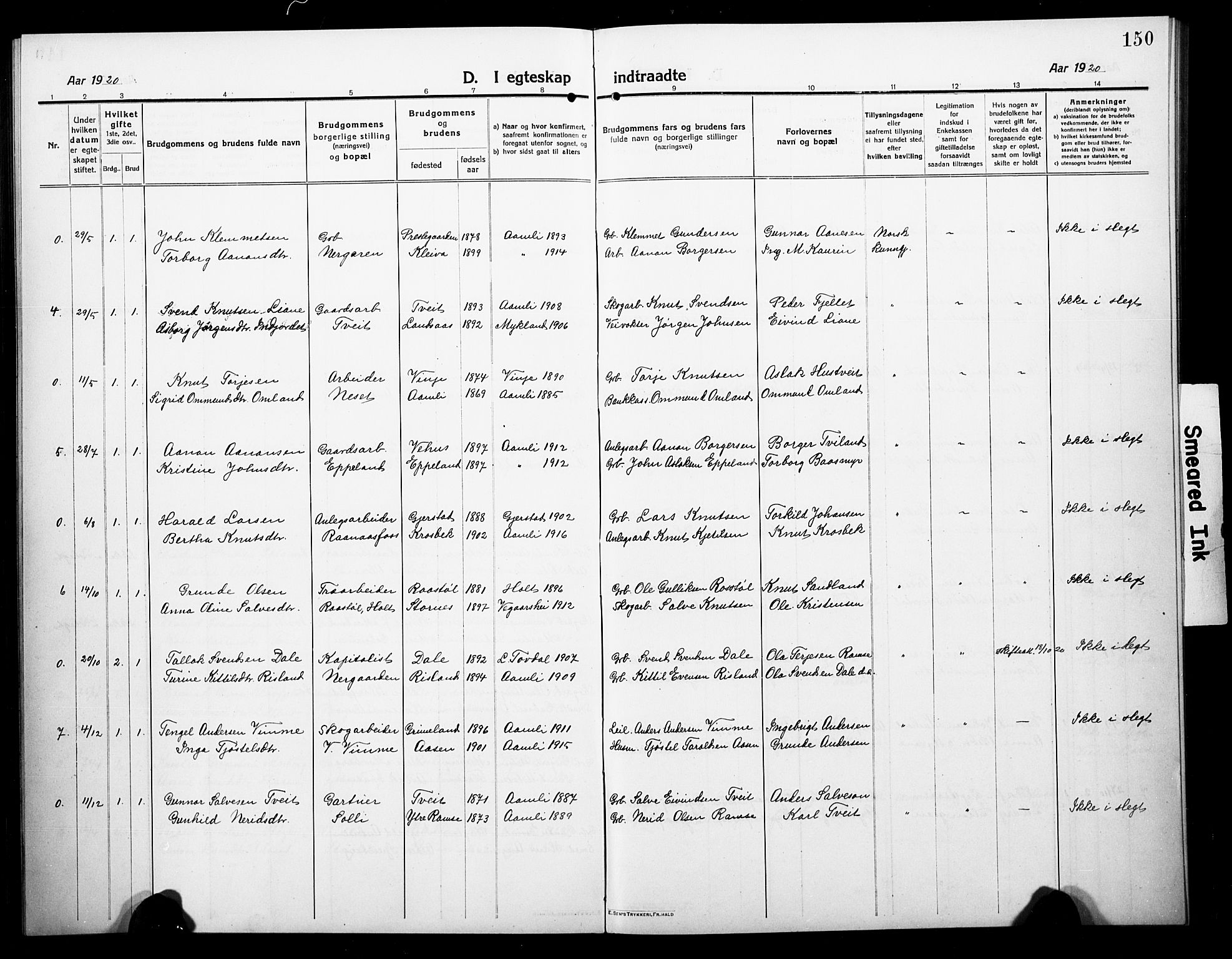 Åmli sokneprestkontor, AV/SAK-1111-0050/F/Fb/Fbc/L0006: Parish register (copy) no. B 6, 1915-1929, p. 150