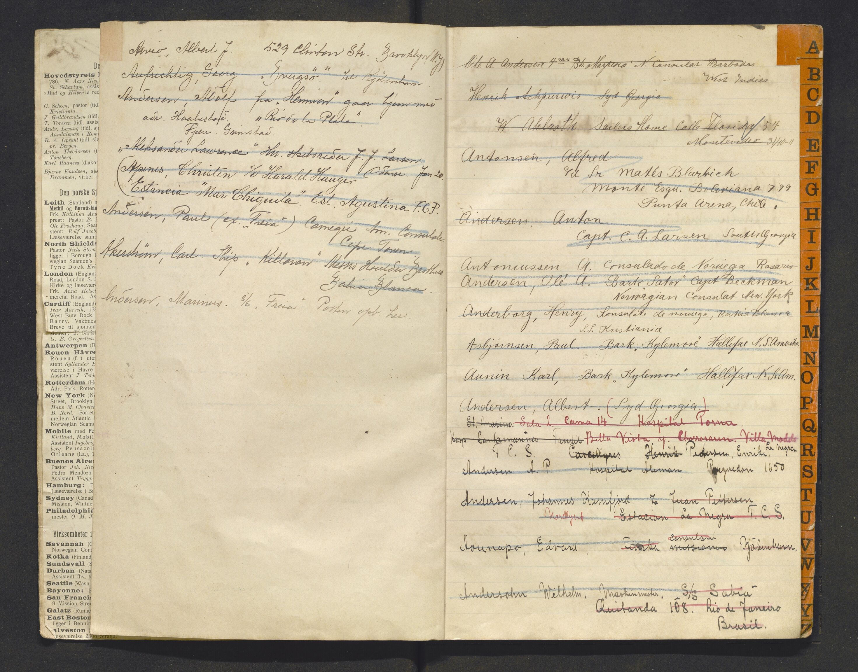 Den norske sjømannsmisjon i utlandet/Syd-Amerika (Buenos Aires m.fl.), AV/SAB-SAB/PA-0118/F/L0003/0004: Adressebøker / Adresser for ettersendelse av brev, 1916-1921