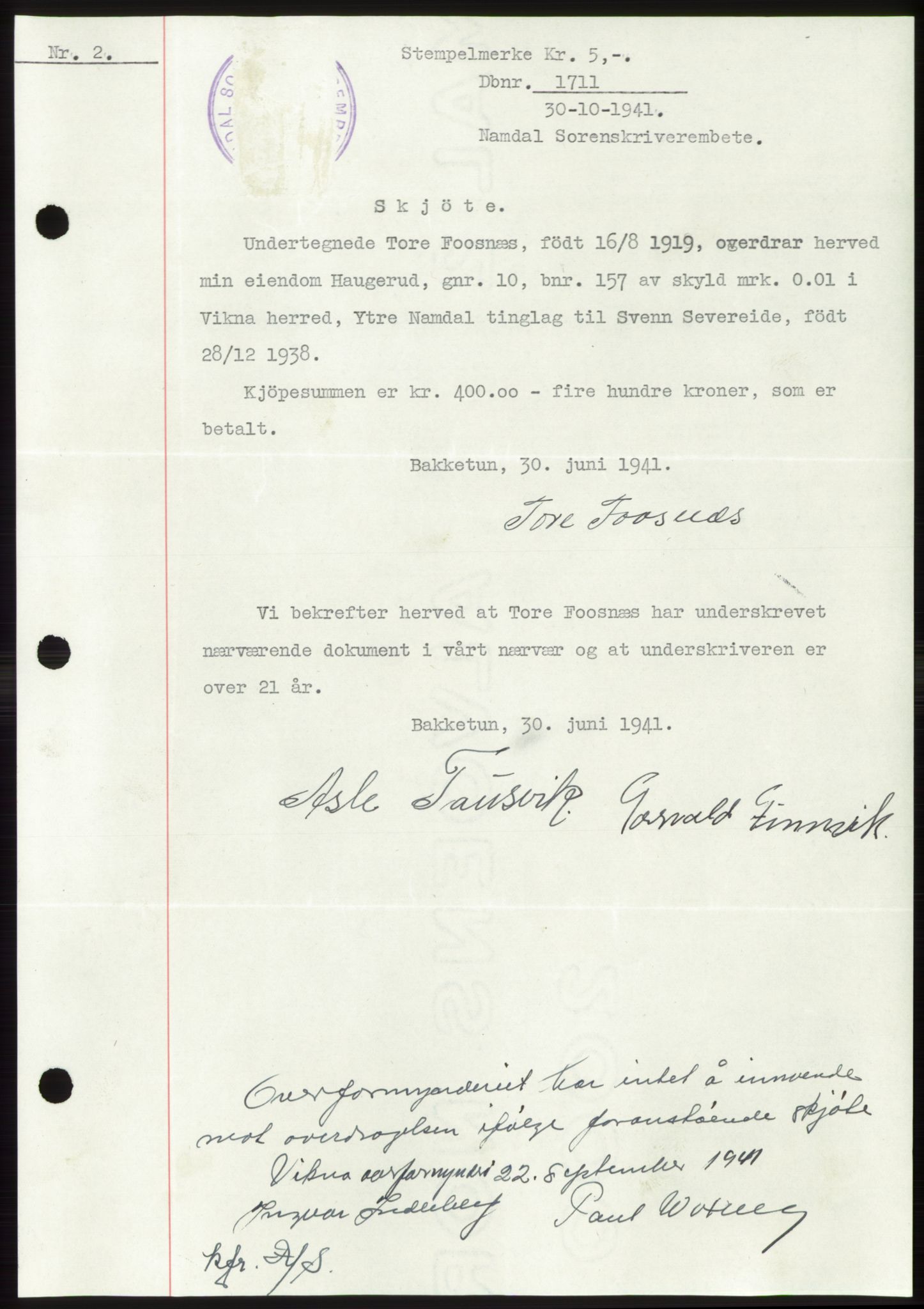 Namdal sorenskriveri, SAT/A-4133/1/2/2C: Mortgage book no. -, 1941-1942, Diary no: : 1711/1941