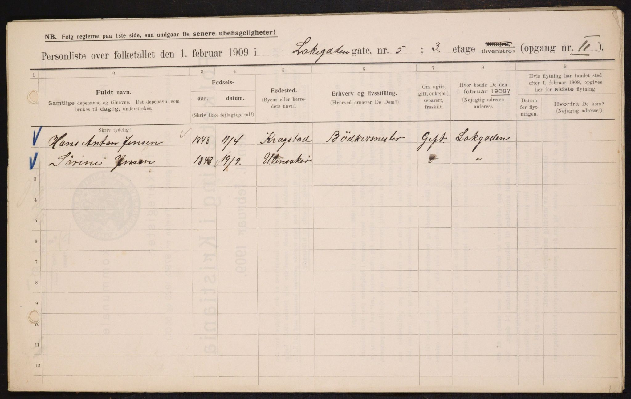 OBA, Municipal Census 1909 for Kristiania, 1909, p. 50453