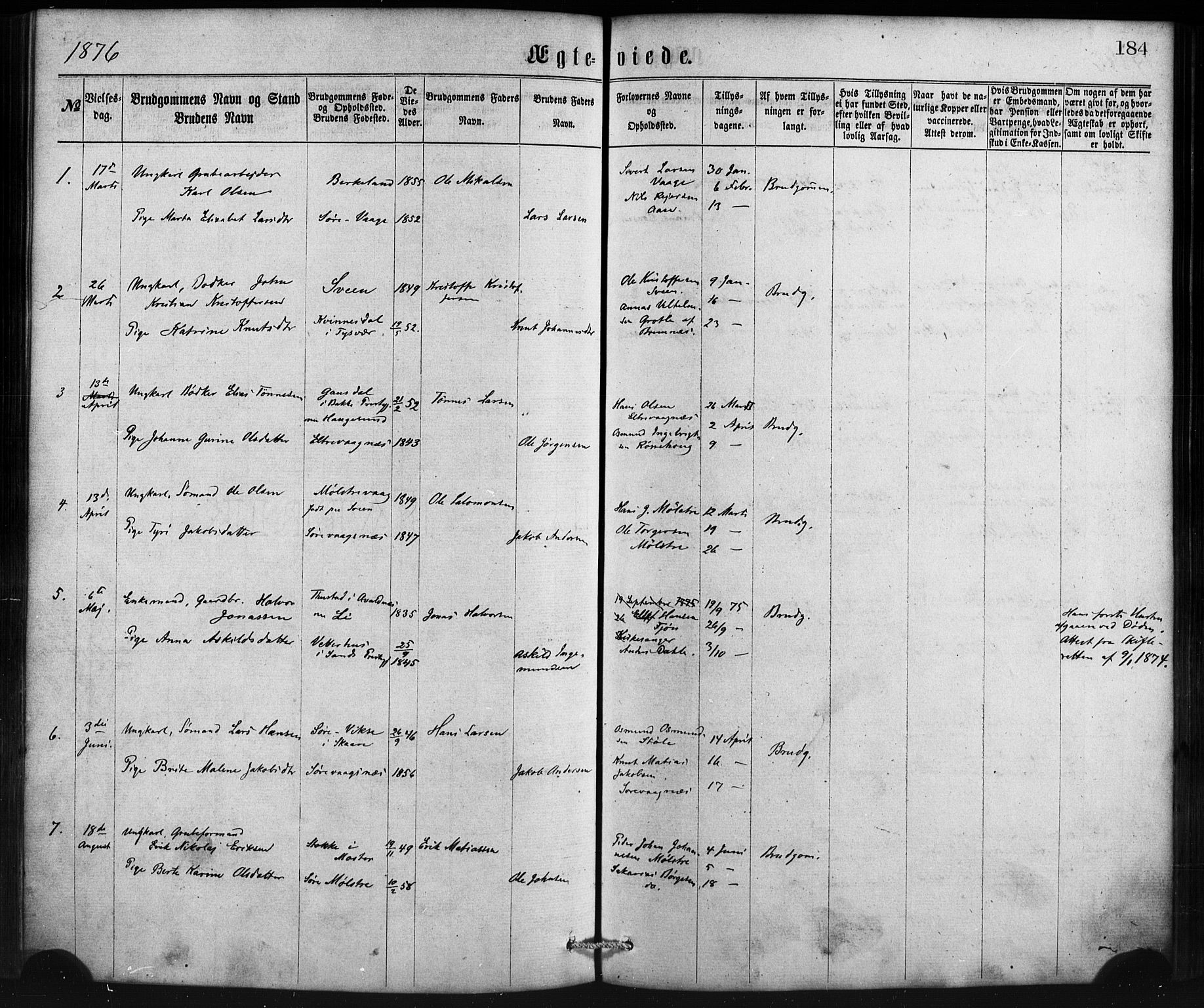 Sveio Sokneprestembete, SAB/A-78501/H/Haa: Parish register (official) no. B 1, 1870-1883, p. 184