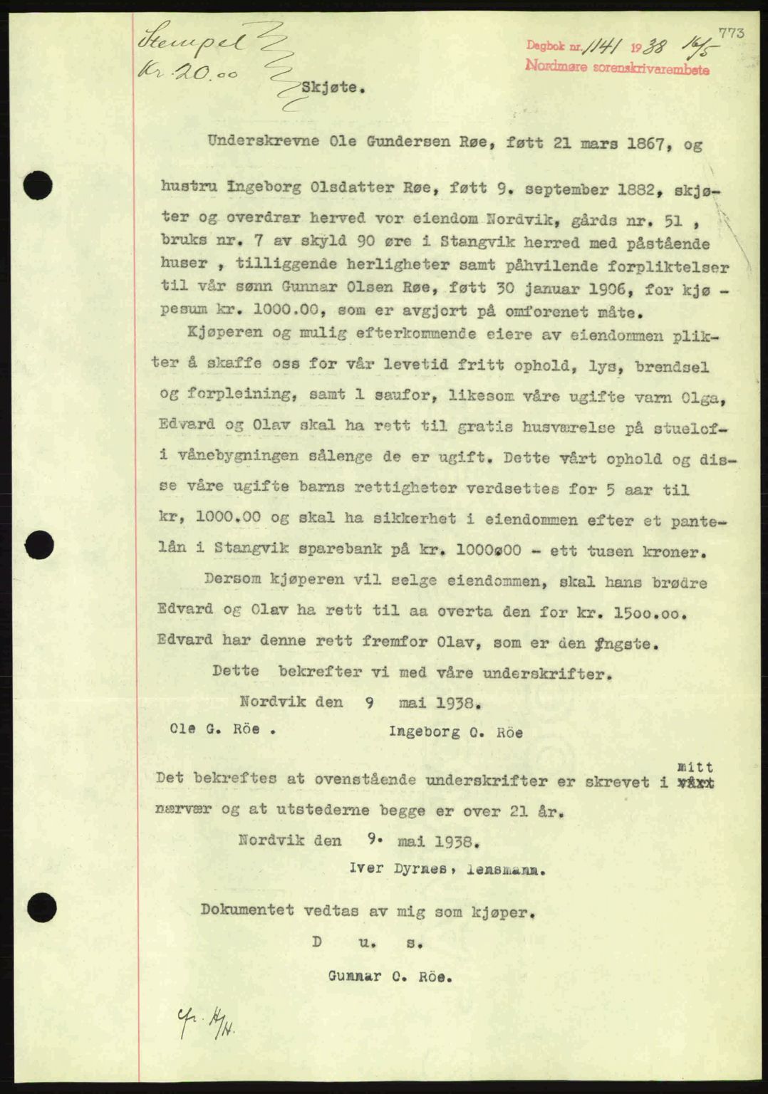 Nordmøre sorenskriveri, AV/SAT-A-4132/1/2/2Ca: Mortgage book no. A83, 1938-1938, Diary no: : 1141/1938