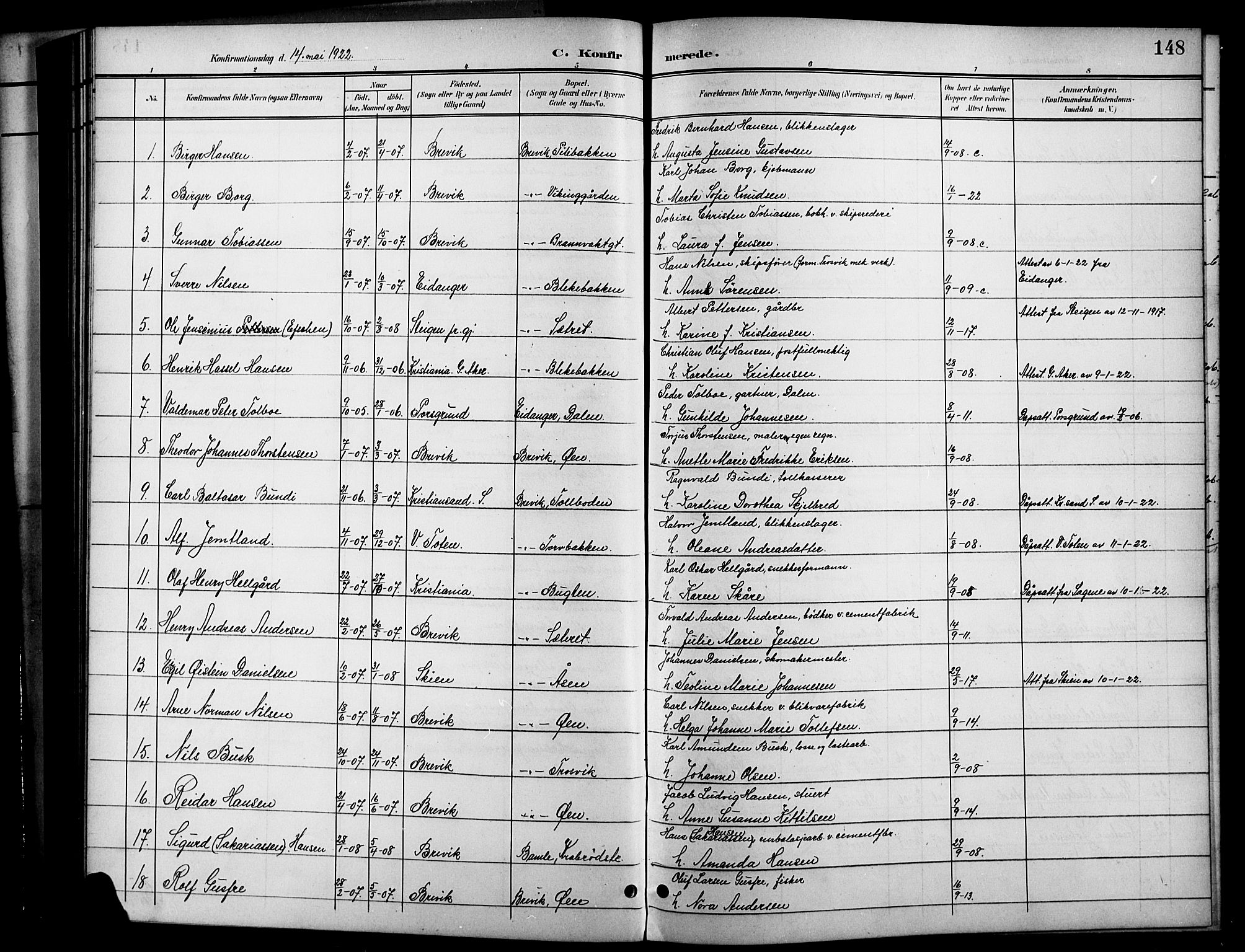 Brevik kirkebøker, SAKO/A-255/G/Ga/L0005: Parish register (copy) no. 5, 1901-1924, p. 148