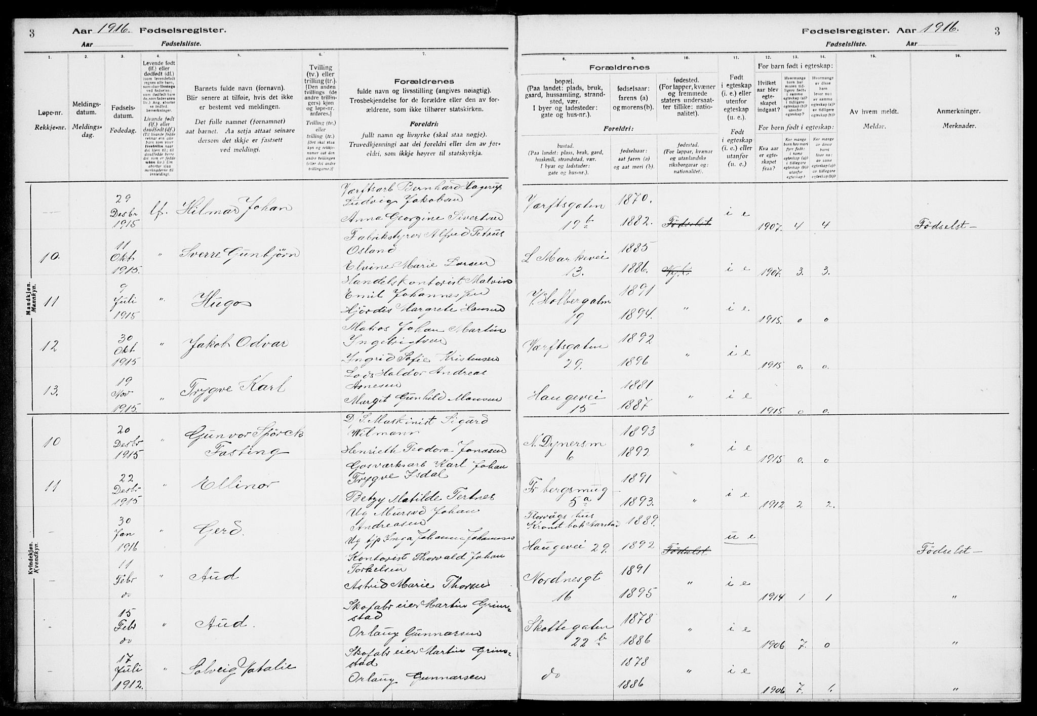 Nykirken Sokneprestembete, AV/SAB-A-77101/I/Id/L00A1: Birth register no. A 1, 1916-1922, p. 3