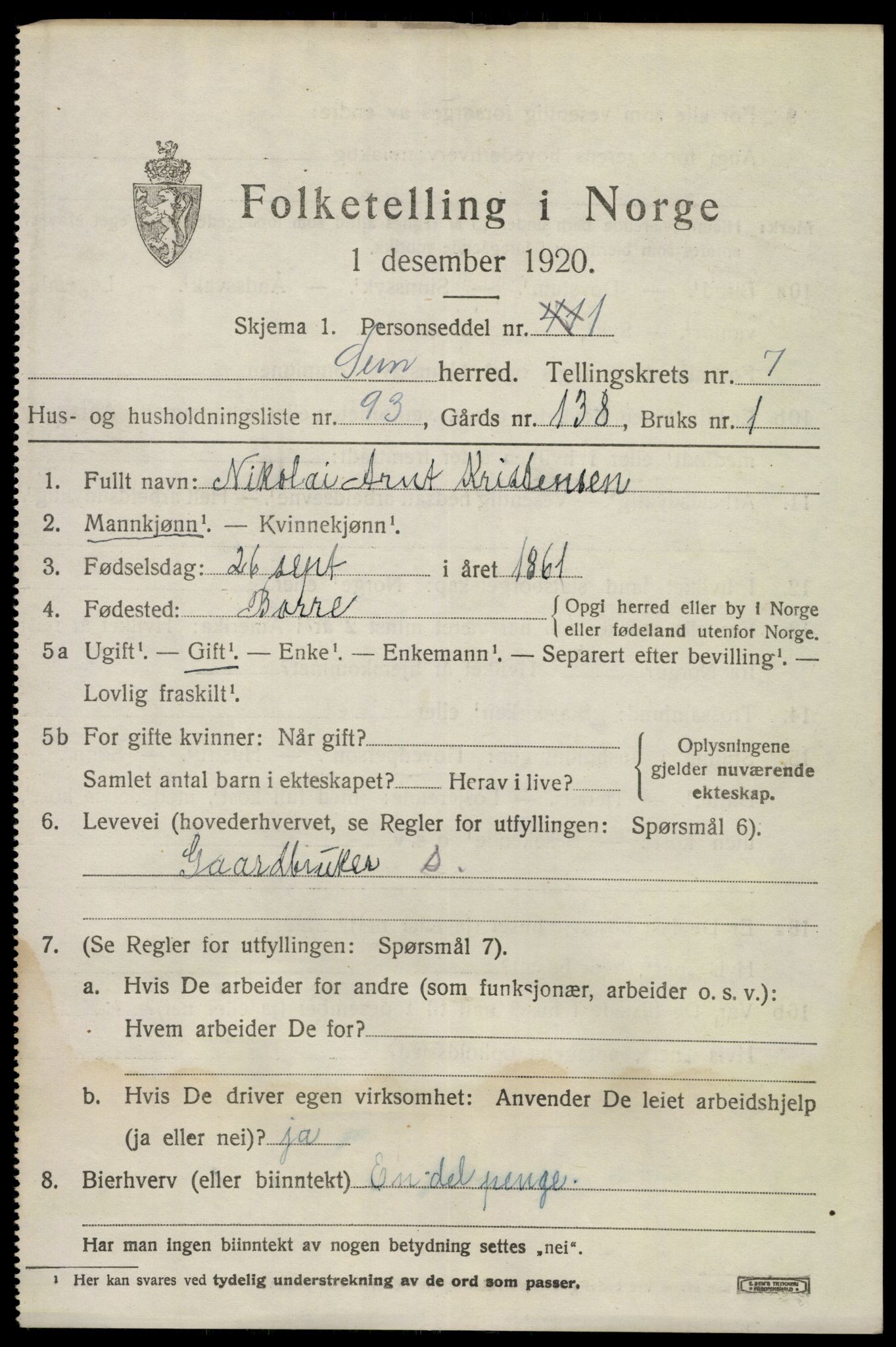 SAKO, 1920 census for Sem, 1920, p. 11165