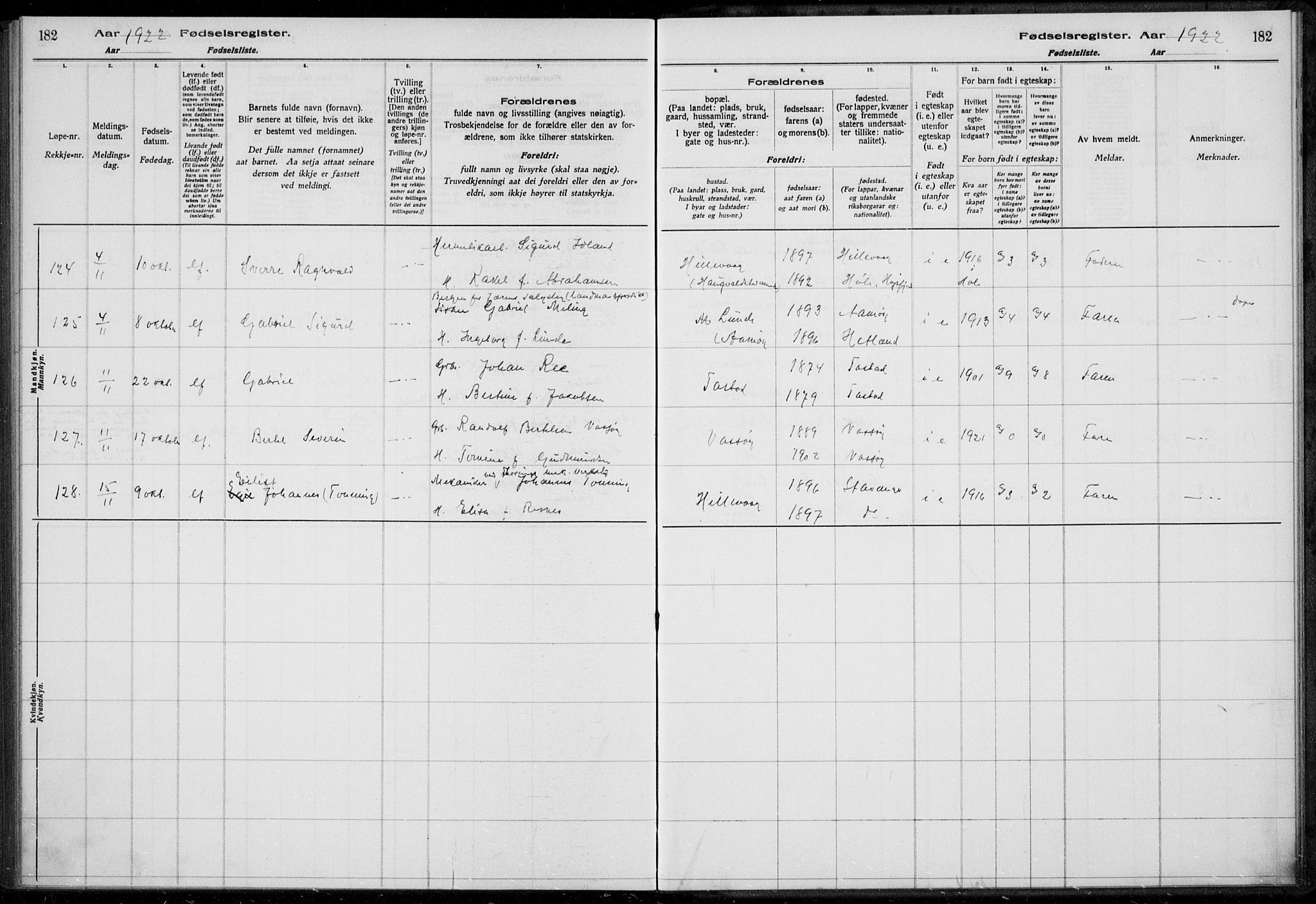 Hetland sokneprestkontor, AV/SAST-A-101826/70/704BA/L0003: Birth register no. 1, 1916-1923, p. 182