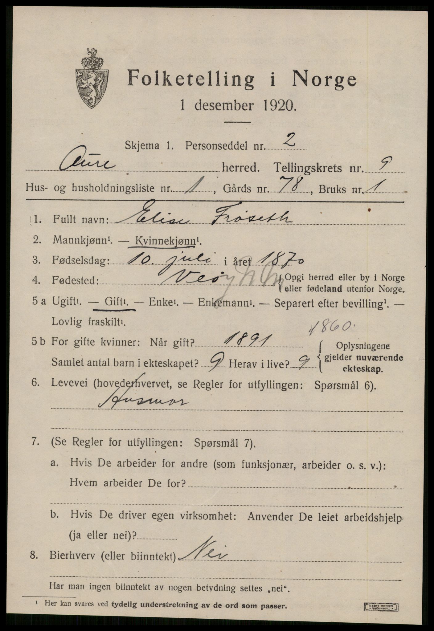 SAT, 1920 census for Aure, 1920, p. 3540