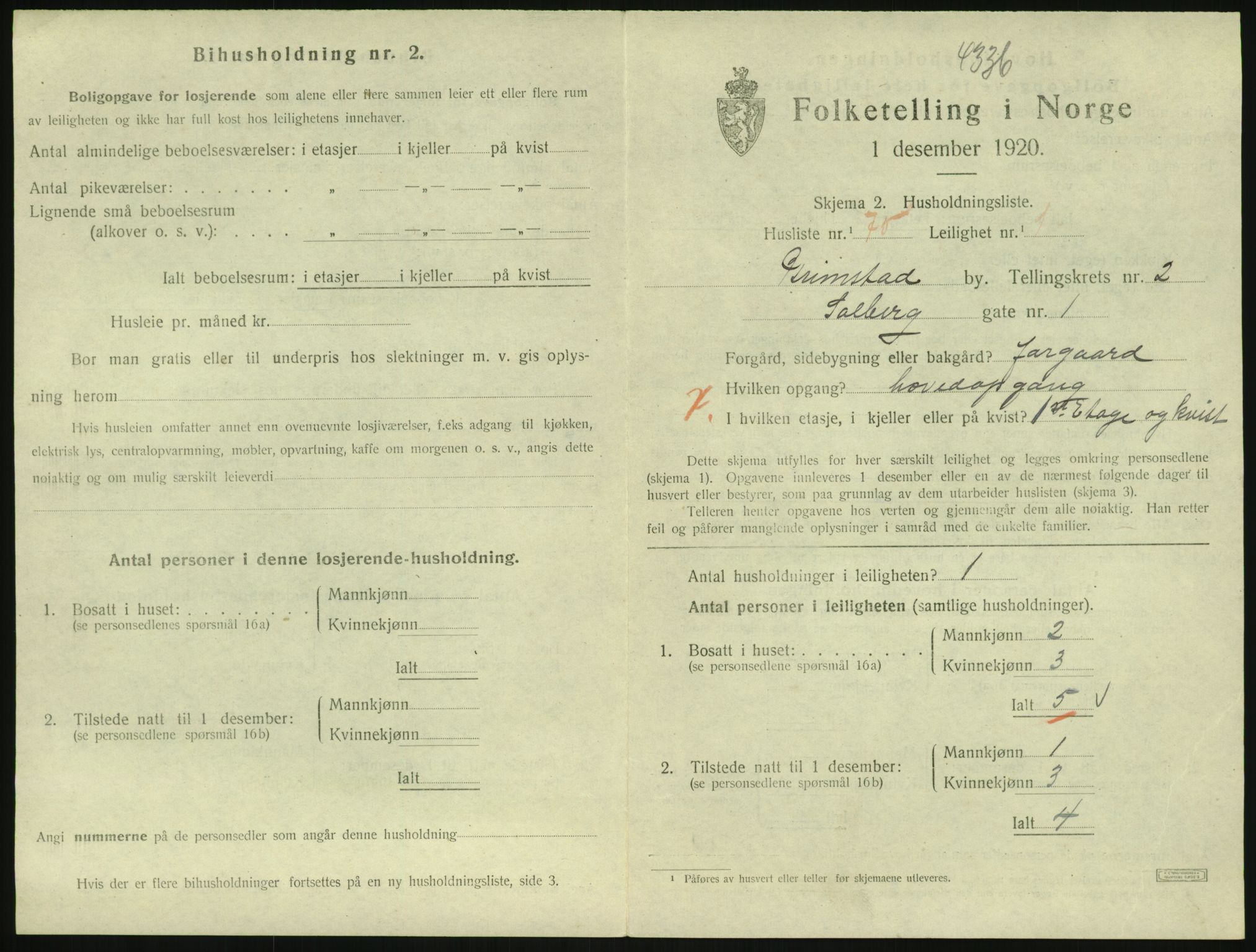 SAK, 1920 census for Grimstad, 1920, p. 1489