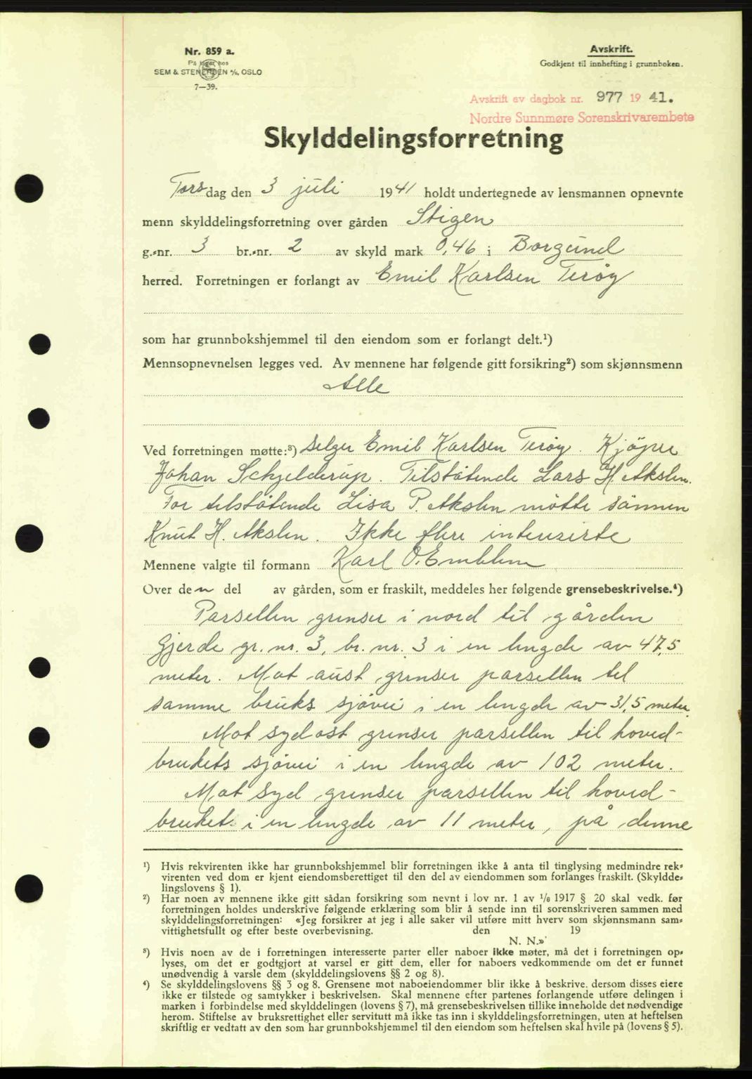 Nordre Sunnmøre sorenskriveri, SAT/A-0006/1/2/2C/2Ca: Mortgage book no. A11, 1941-1941, Diary no: : 977/1941